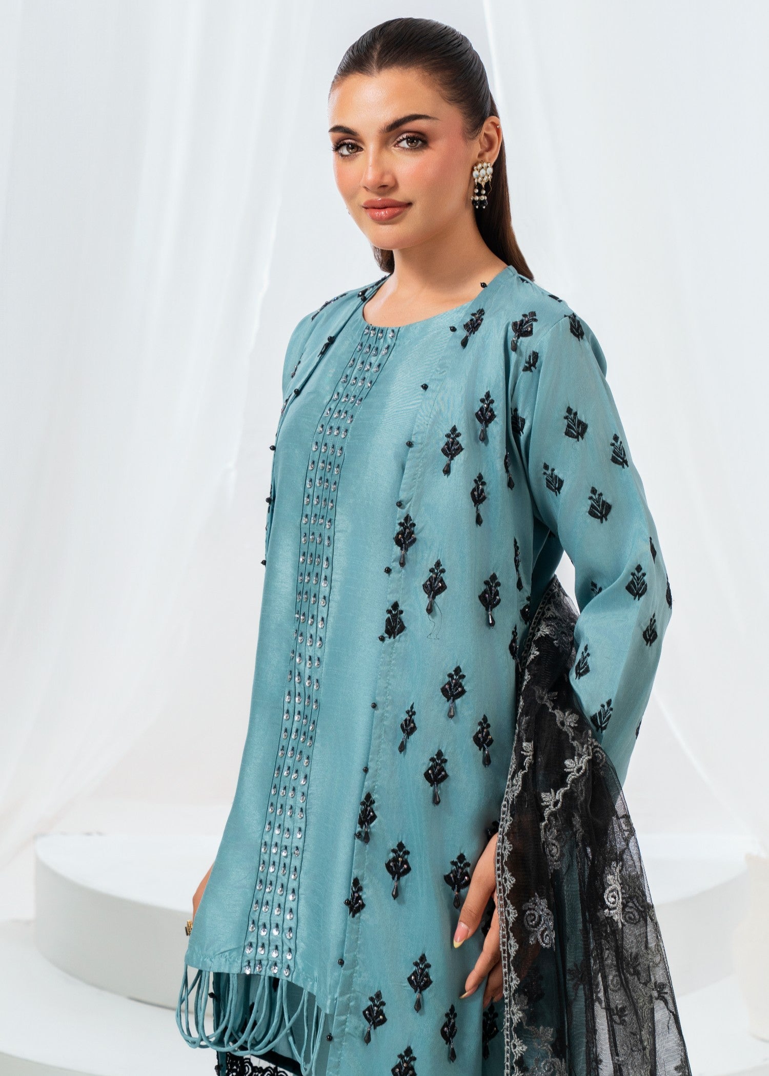 raw silk Gown in Pacific blue