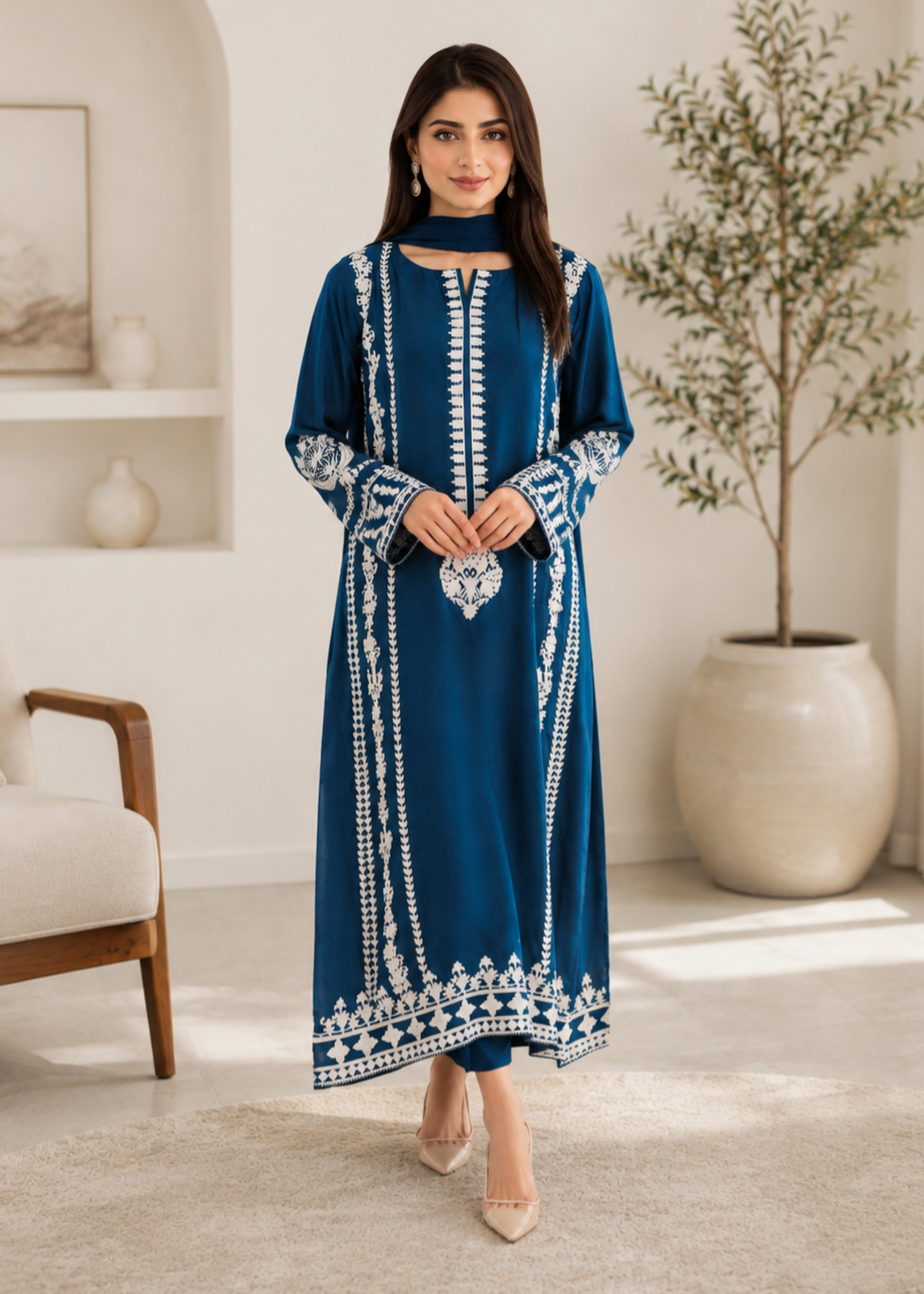 linen Kurta Set in Cobalt blue
