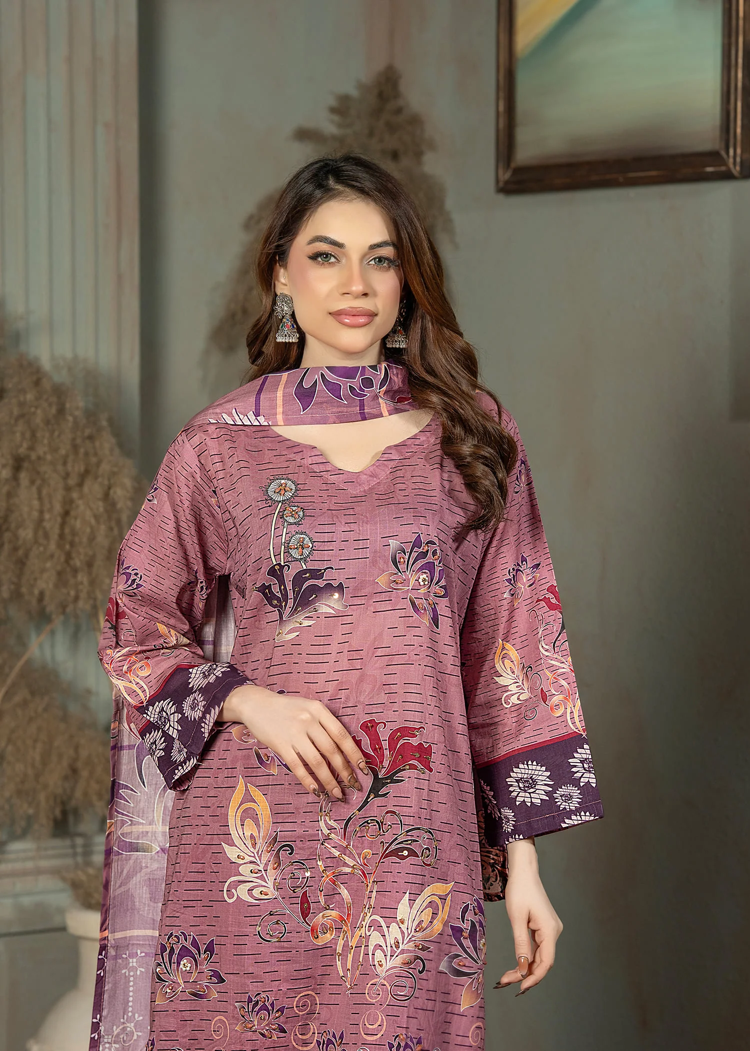 lawn Kurta Set in Purple taupe