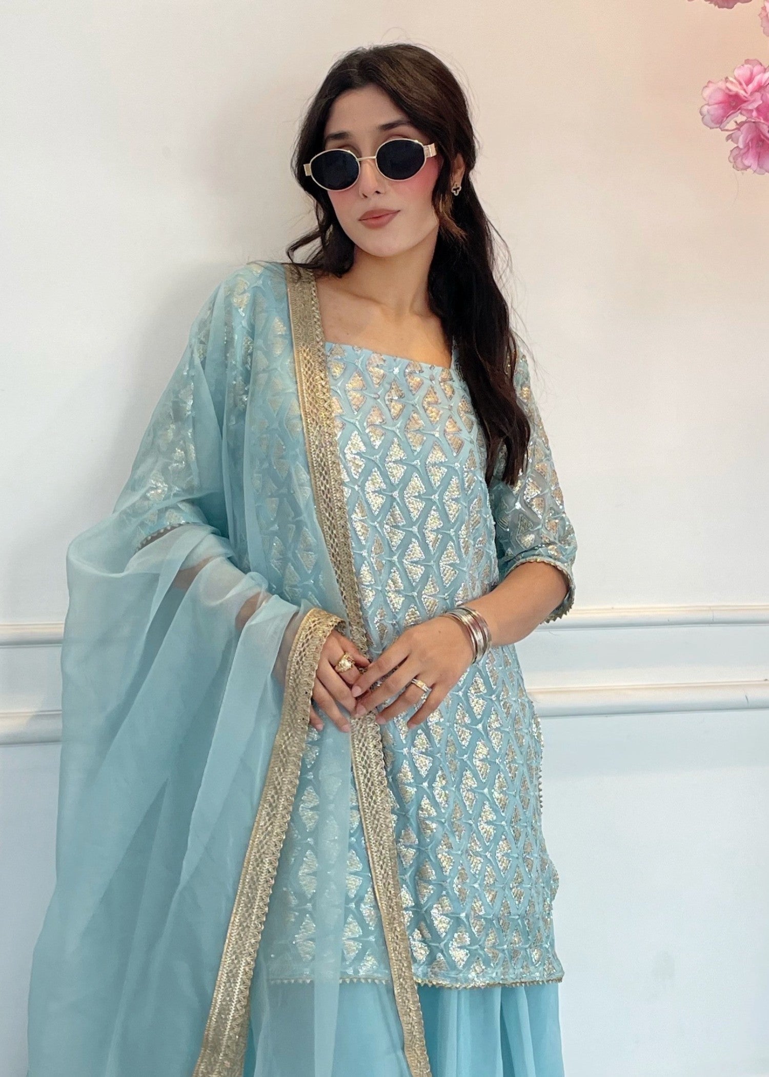bemberg crinkle chiffon Sharara in Sky blue
