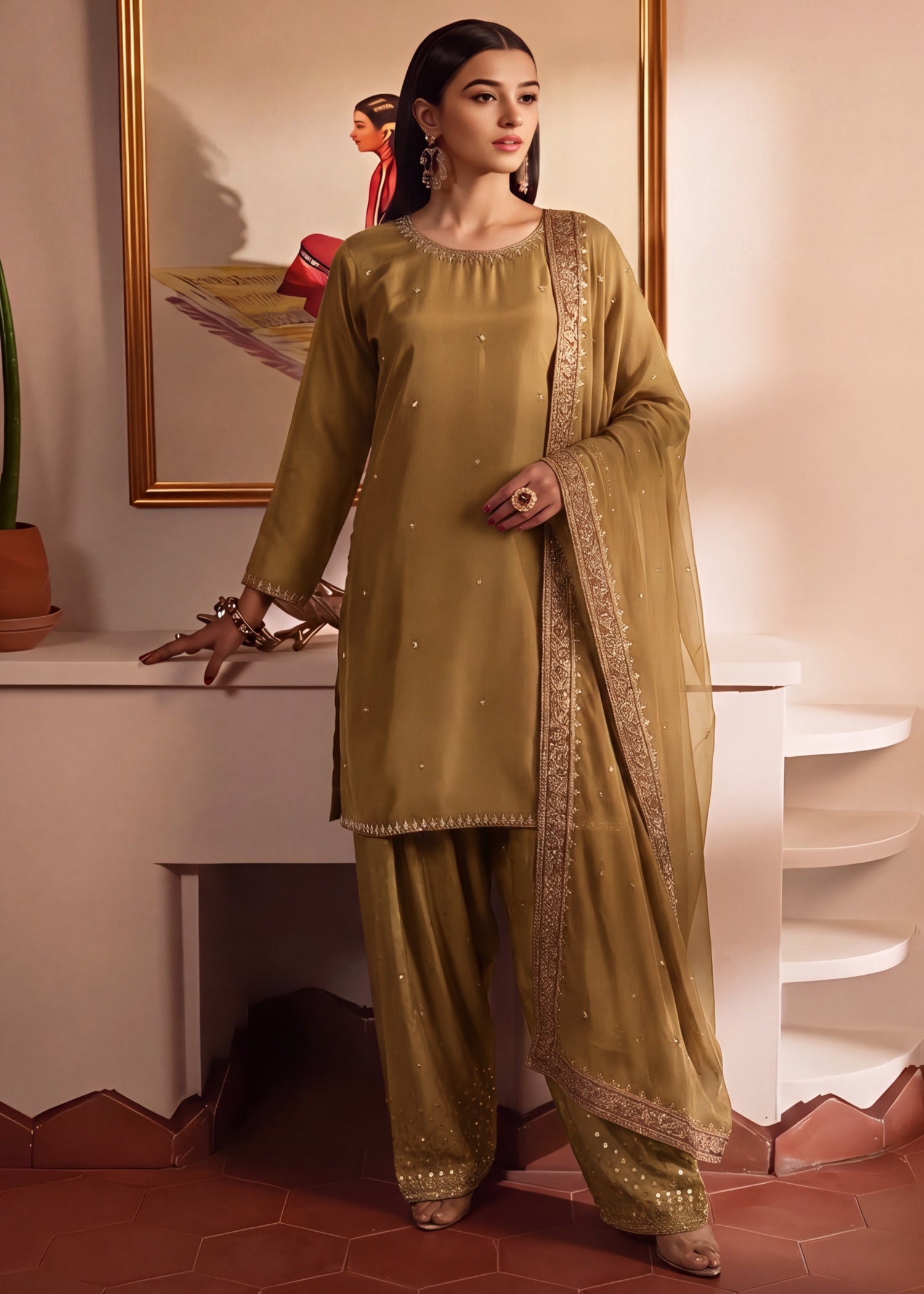 silk Kurta Set in Golden brown