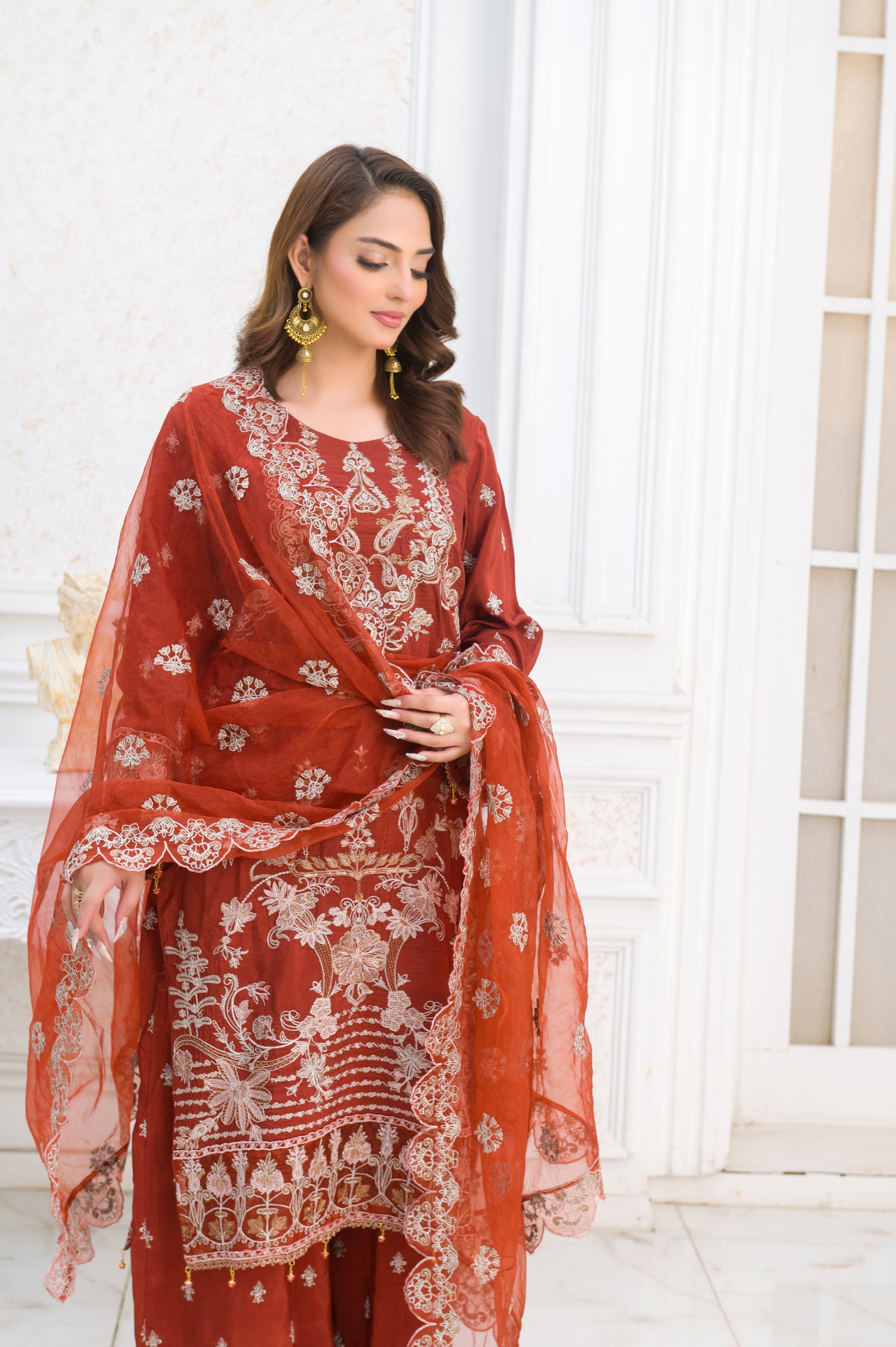 tussar silk Kurta Set in Rust orange