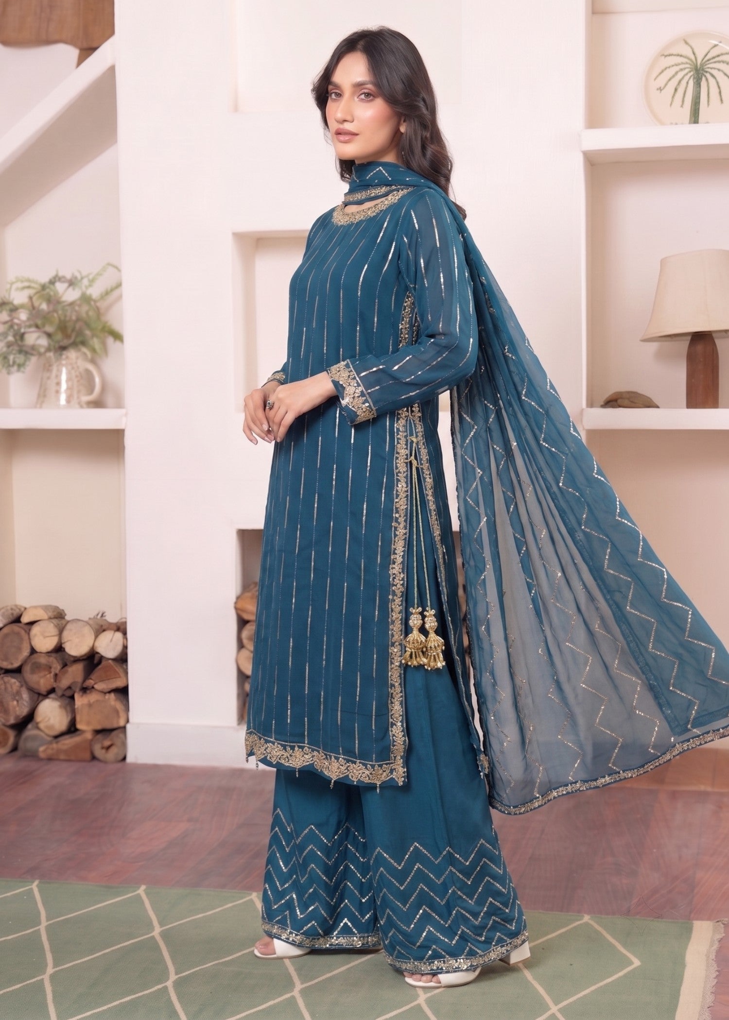 chiffon Kurta Set in Steel blue