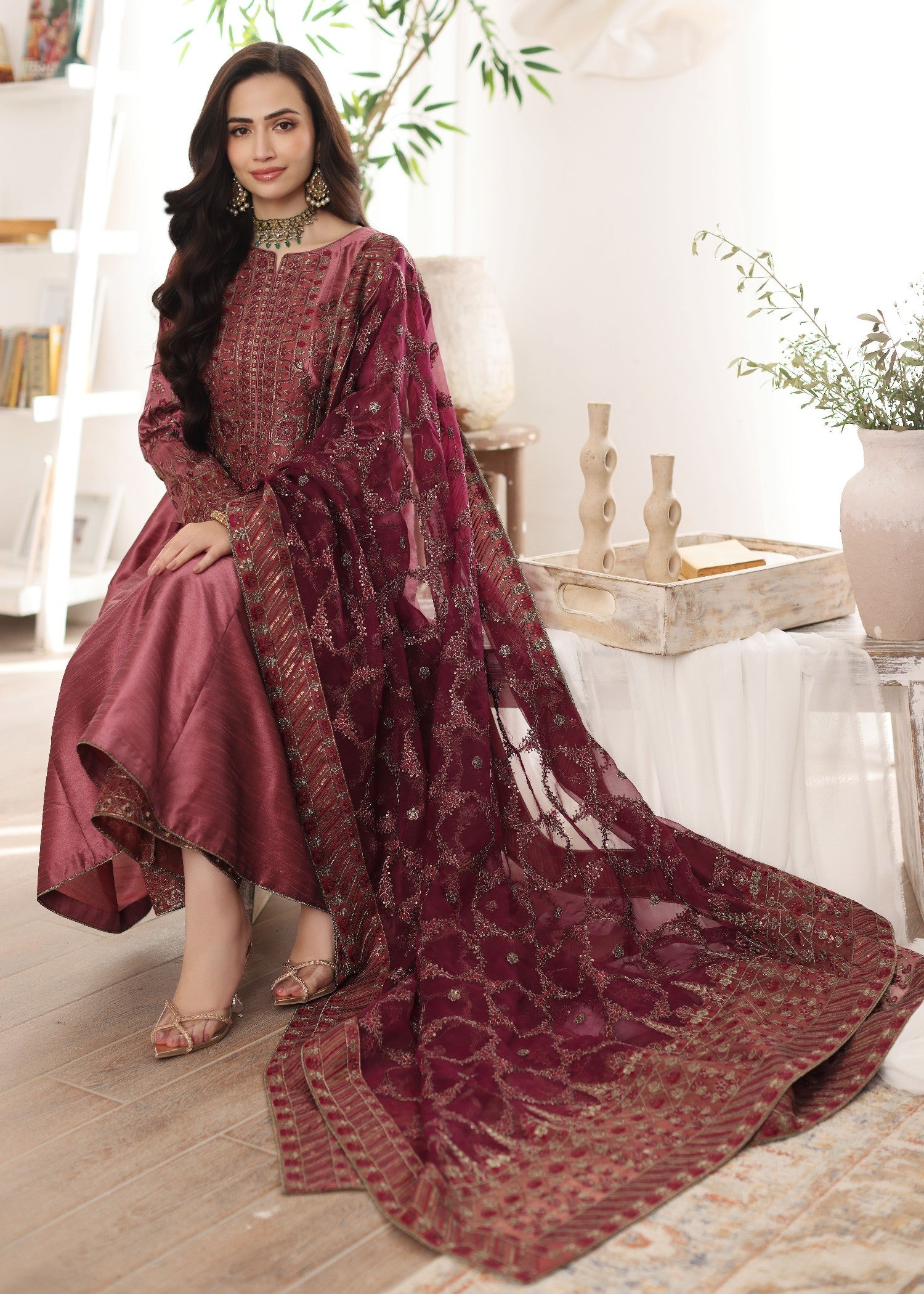 indian raw silk Pishwas in Berry red