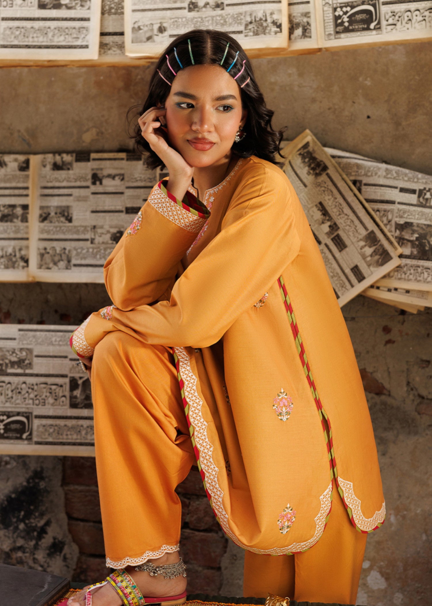 lawn Kurta Set in Ochre orange