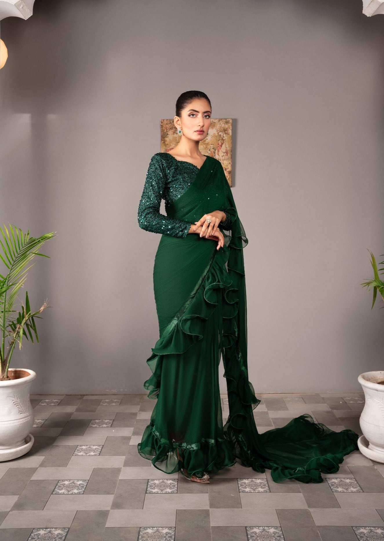 net Saree in Green