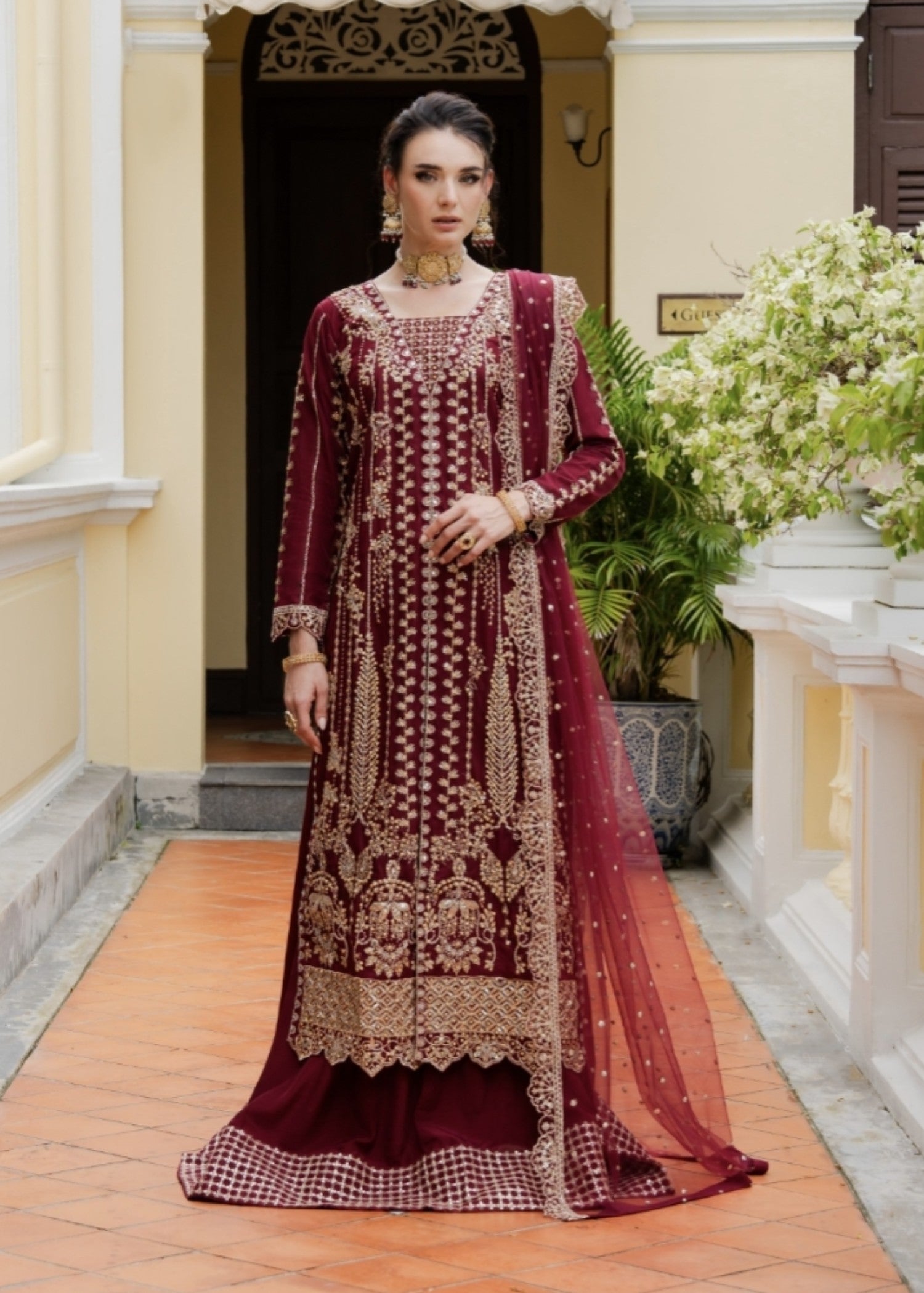 net Lehenga in Maroon
