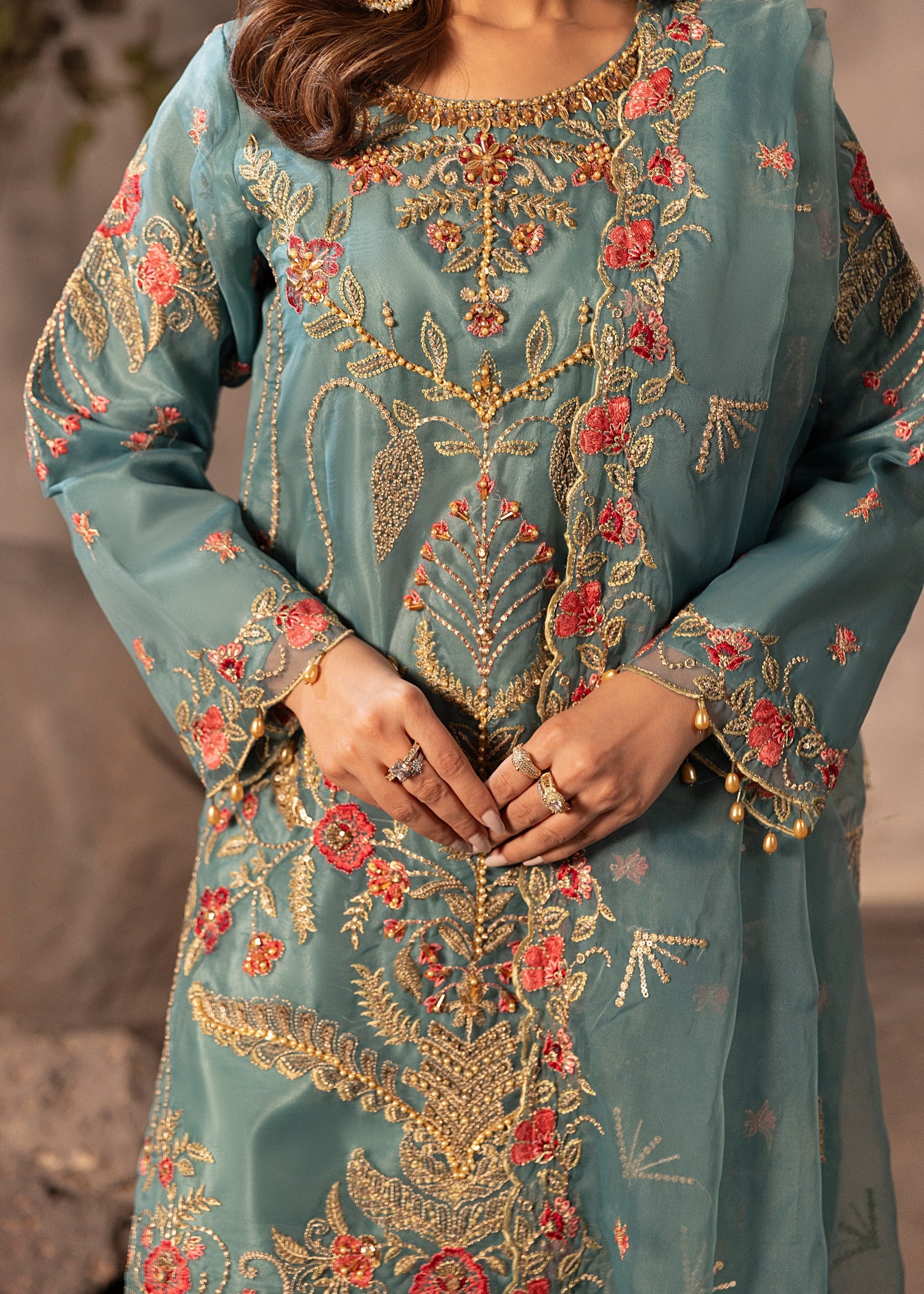 organza Gharara in Aquamarine