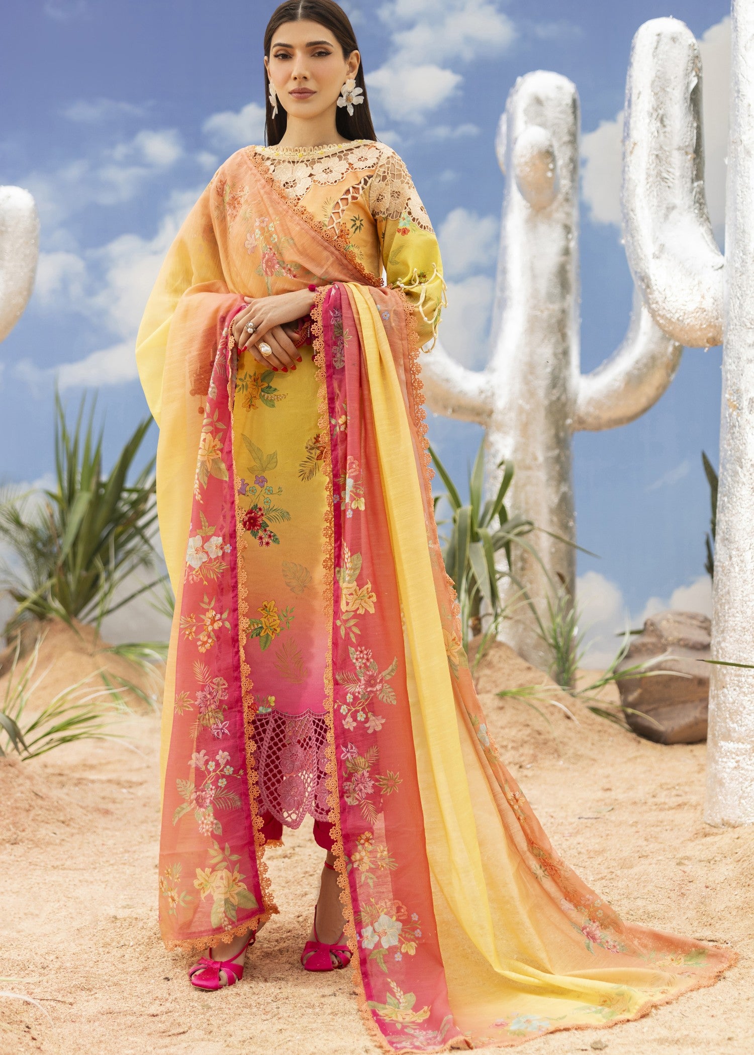 lawn Unstitched in Gold, shocking pink