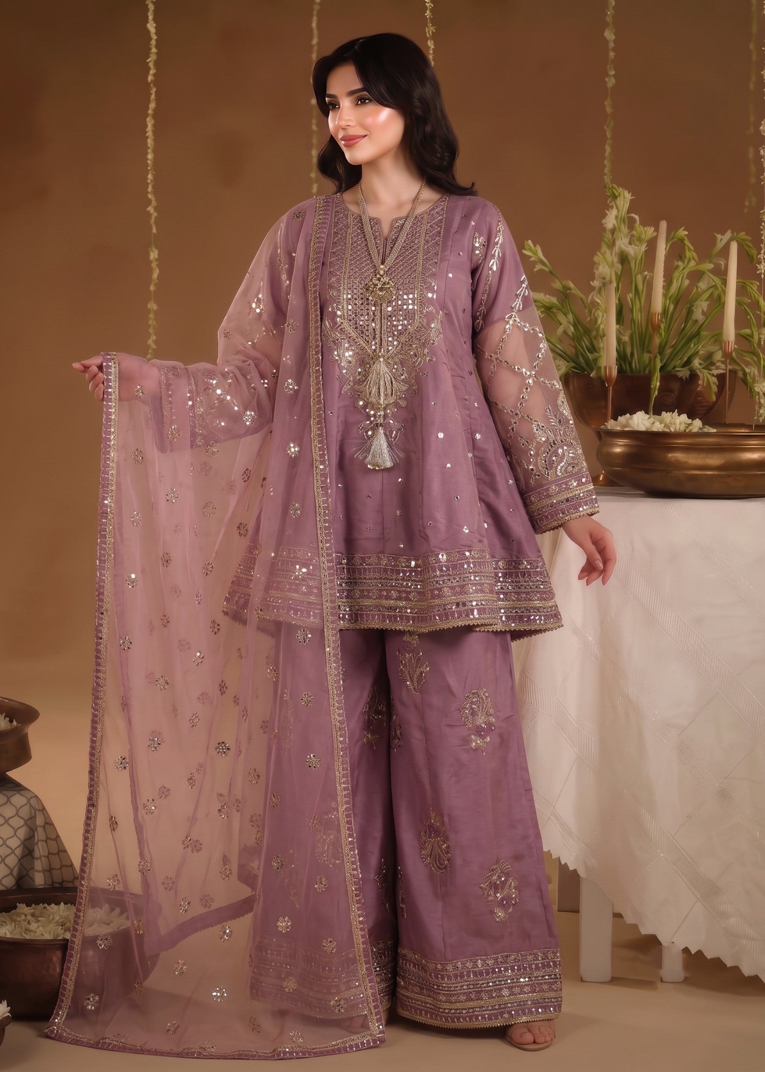kattan silk Short Frock in Lavender pink