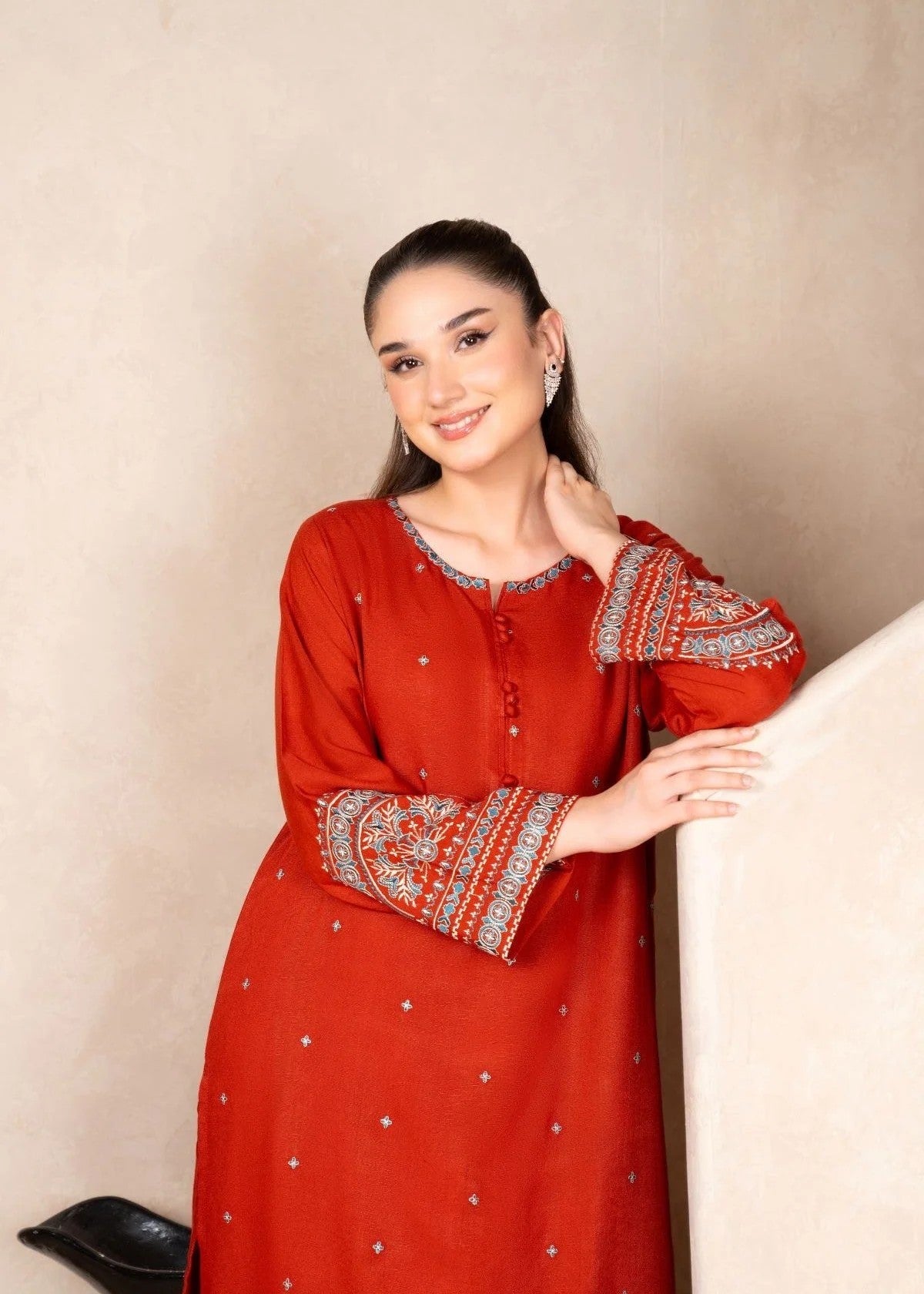 karandi Kurta Set in Rust orange