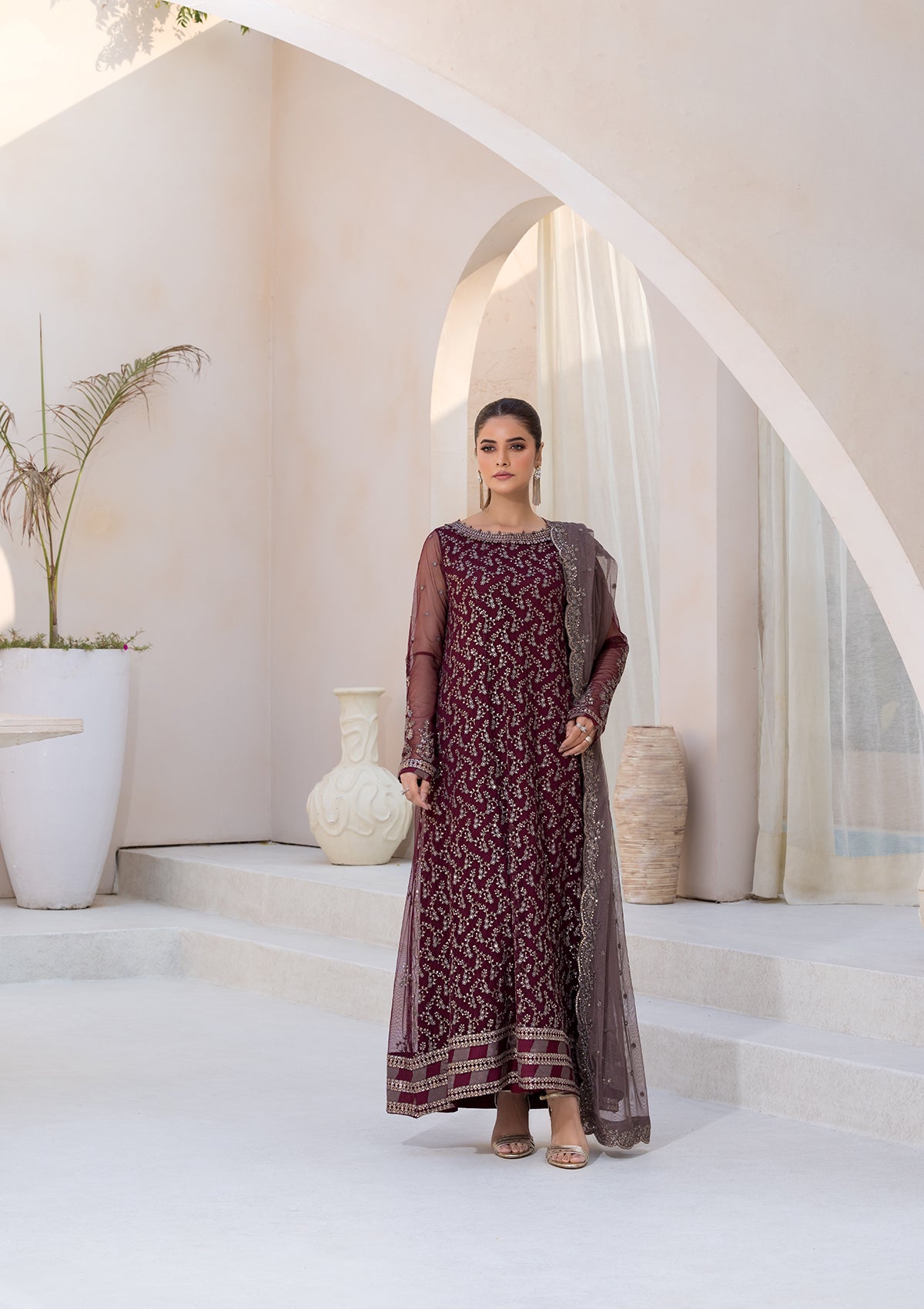 net Kurta Set in Maroon