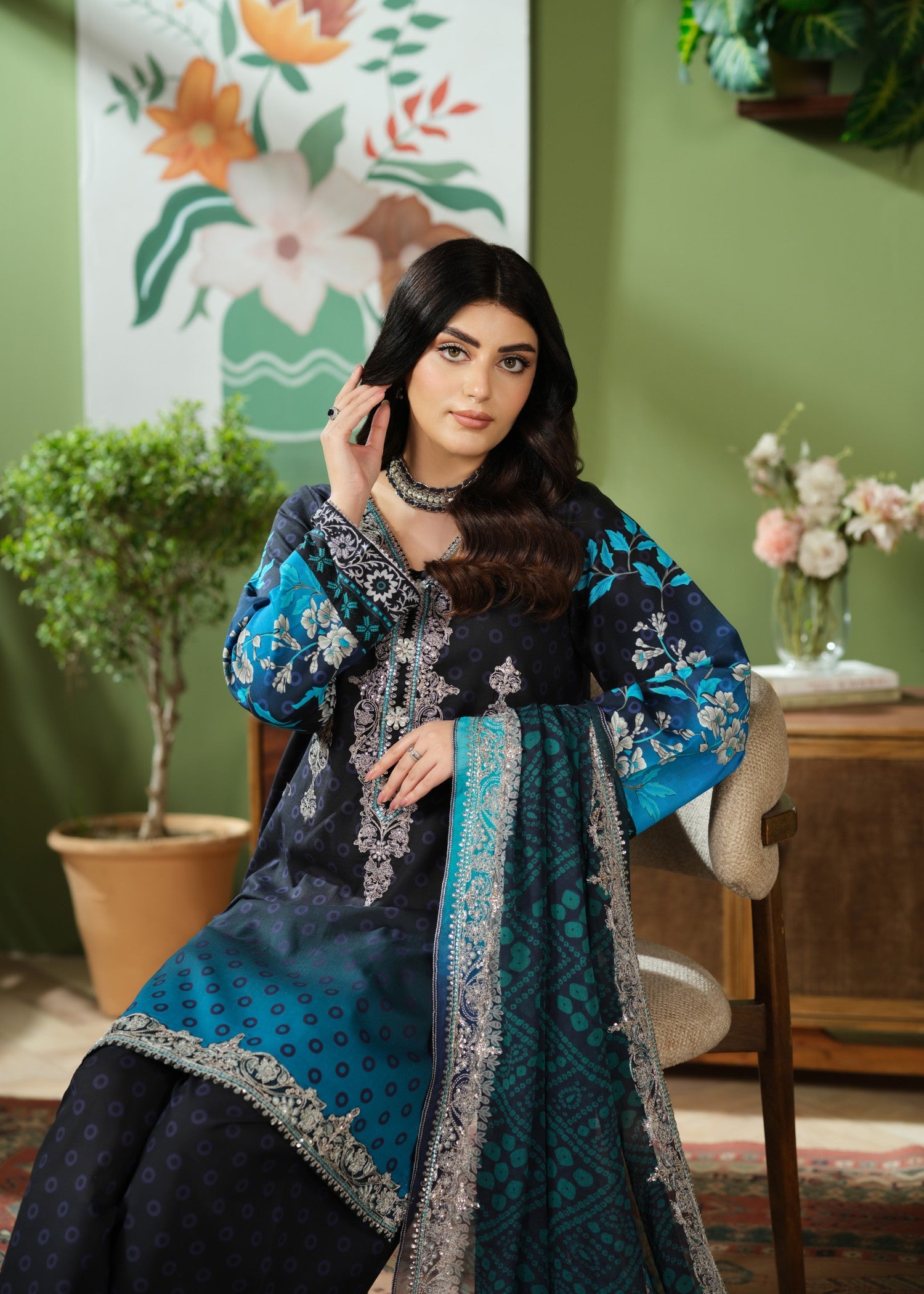 cambric cotton Kurta Set in Blue, black