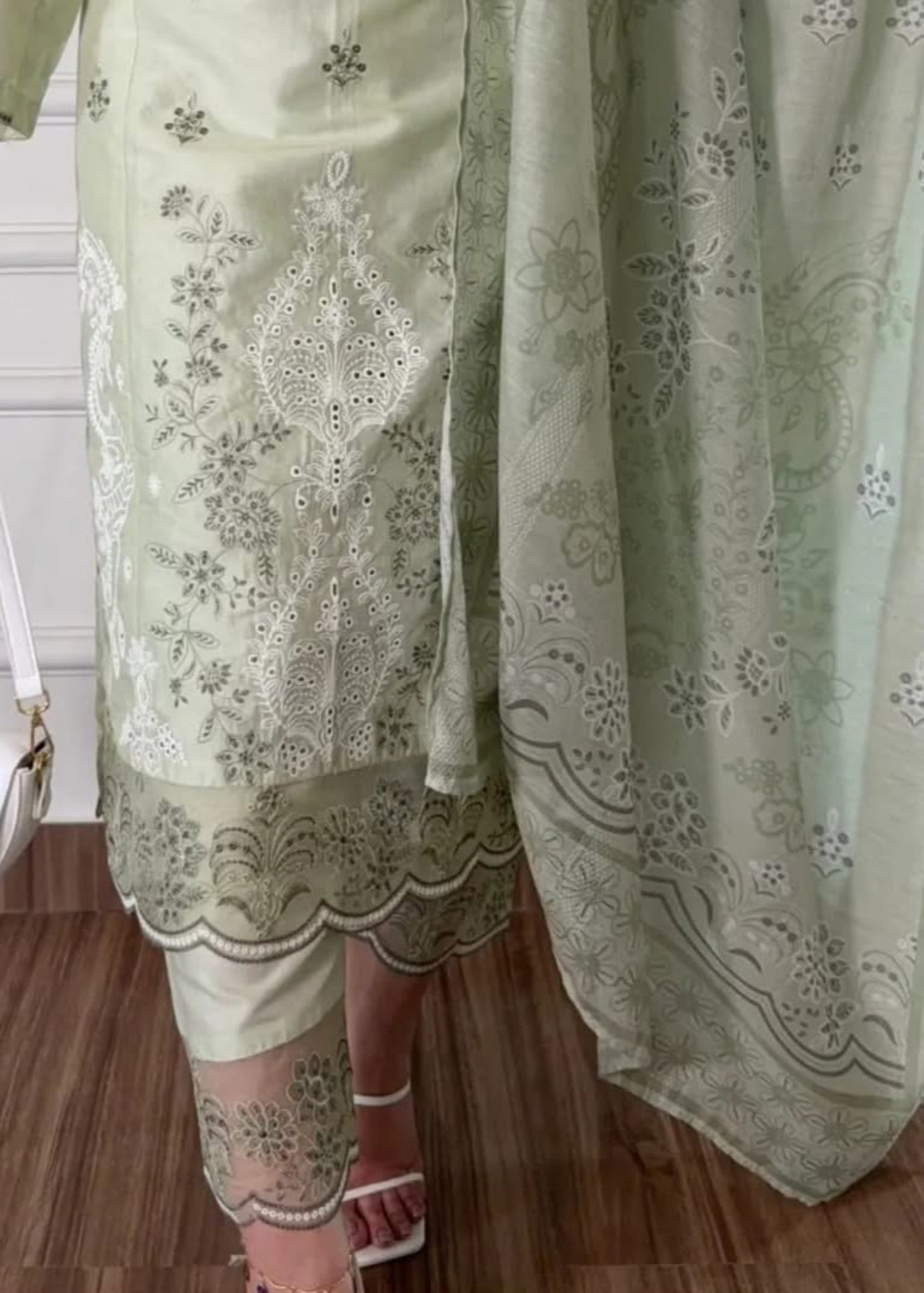 lawn cotton Kurta Set in Tea green