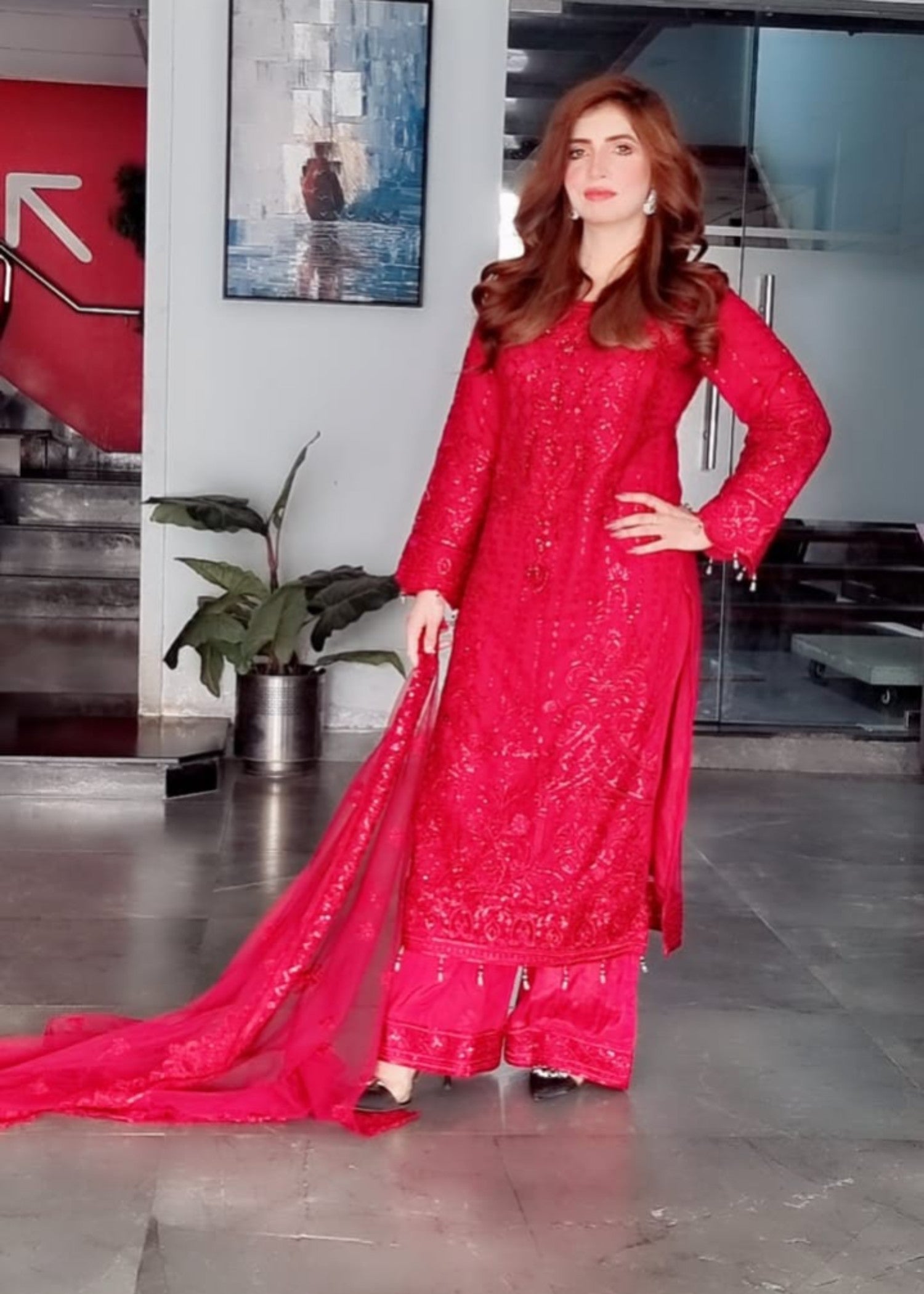 net Kurta Set in Blood red