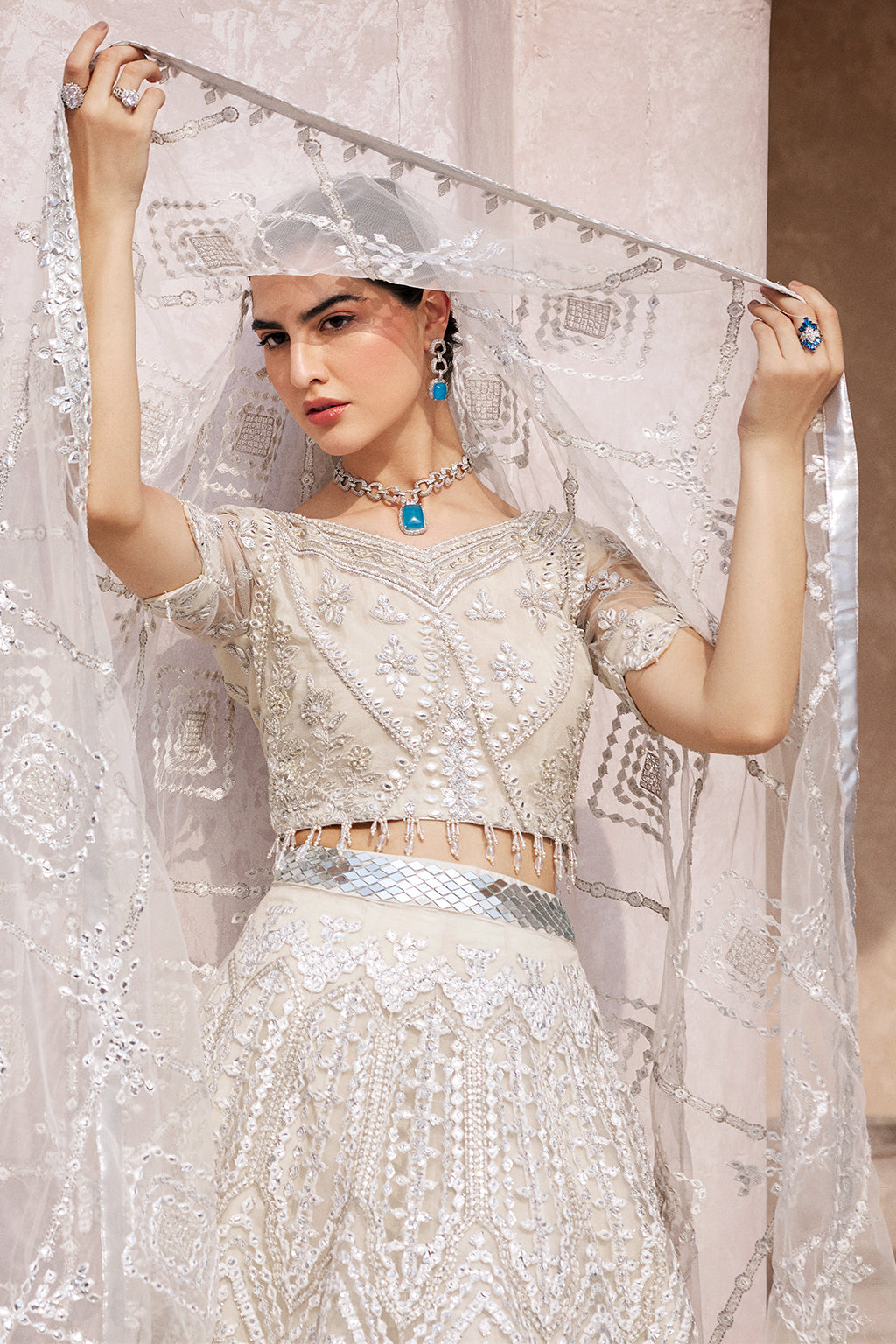 net Lehenga in Ivory