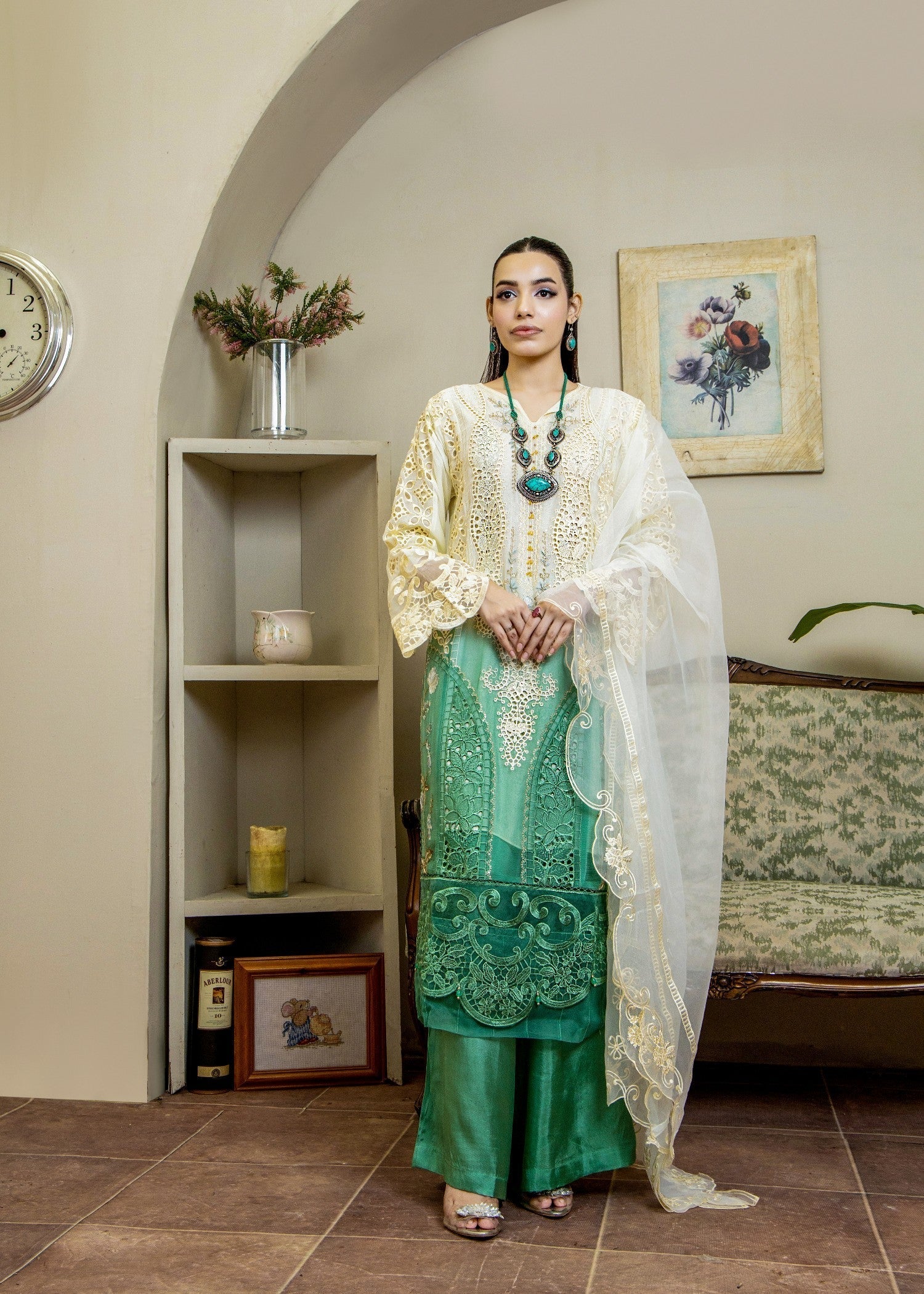 chiffon Kurta Set in Jade green, ivory
