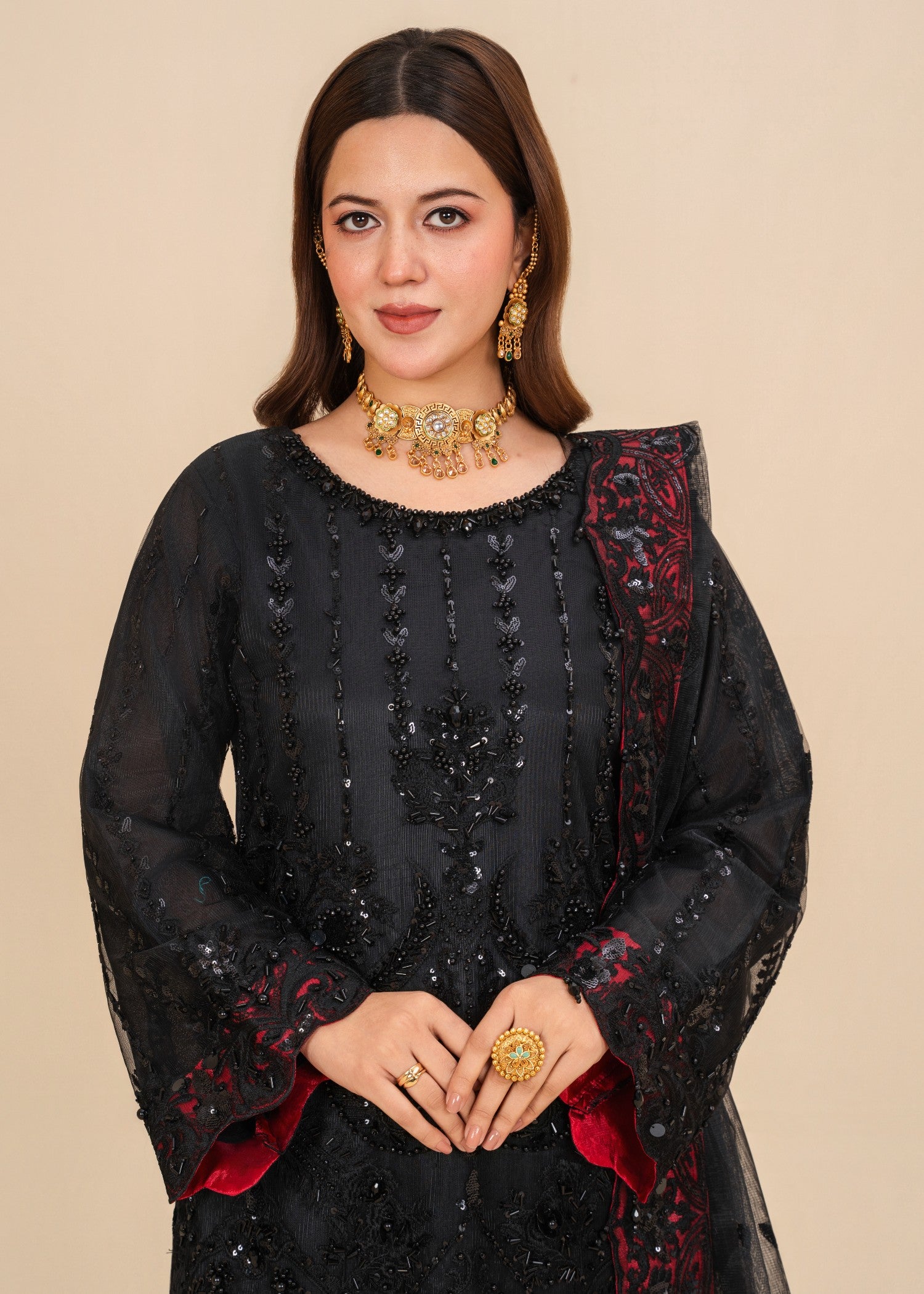 polyester net Kurta Set in Jet black
