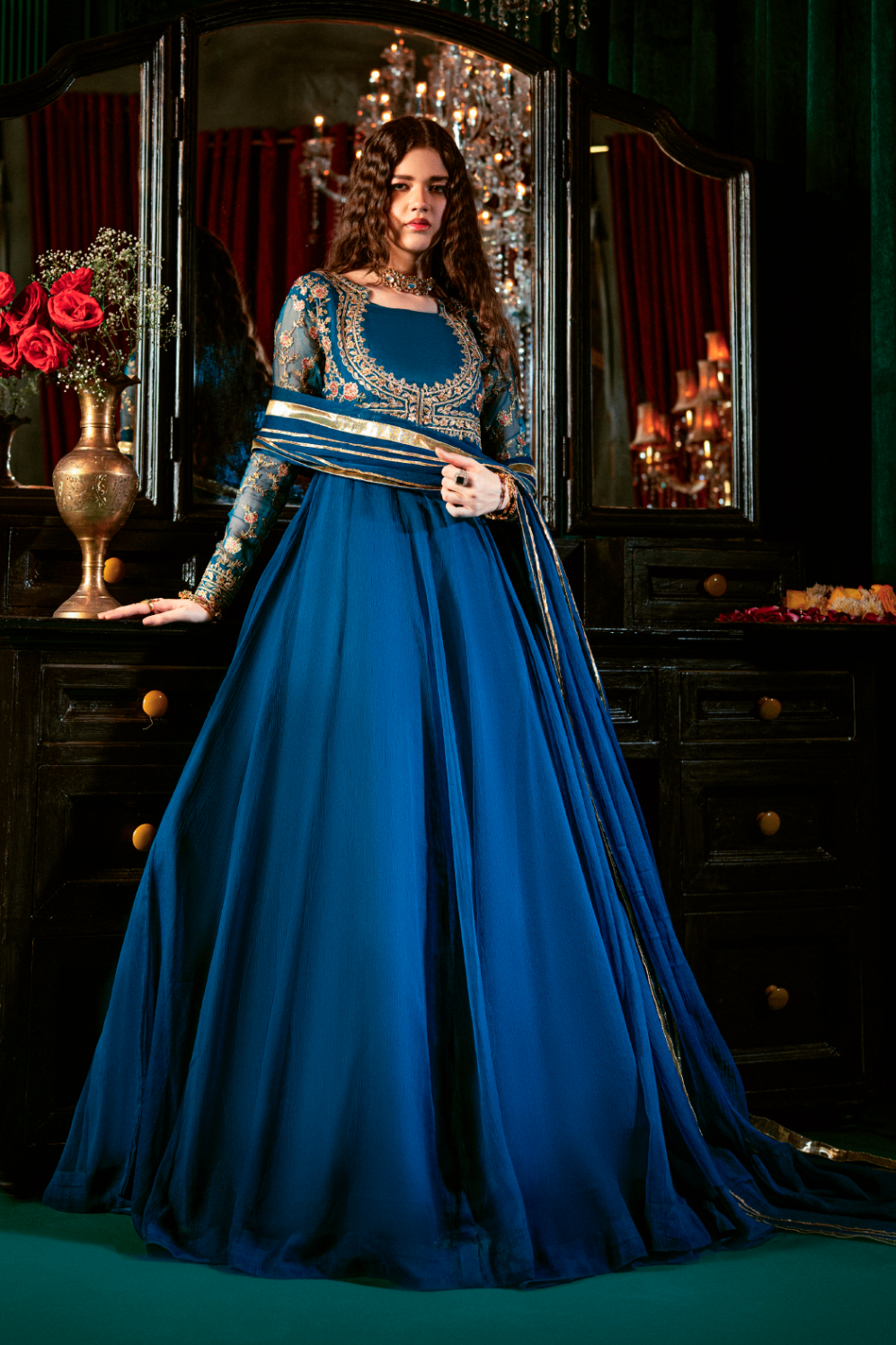 chiffon Pishwas in Sapphire blue