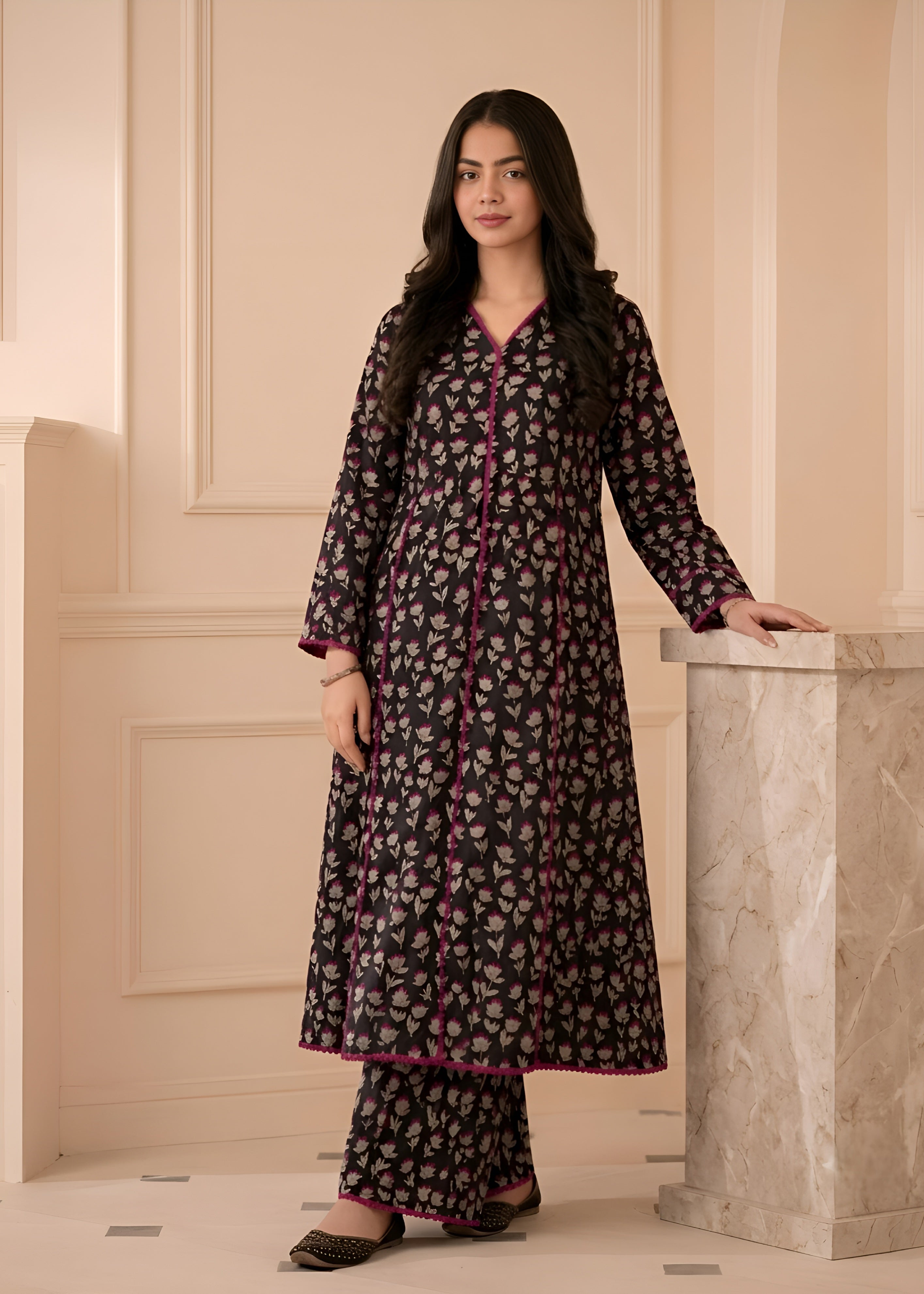 polycotton Pishwas in Off-white, black, taffy pink