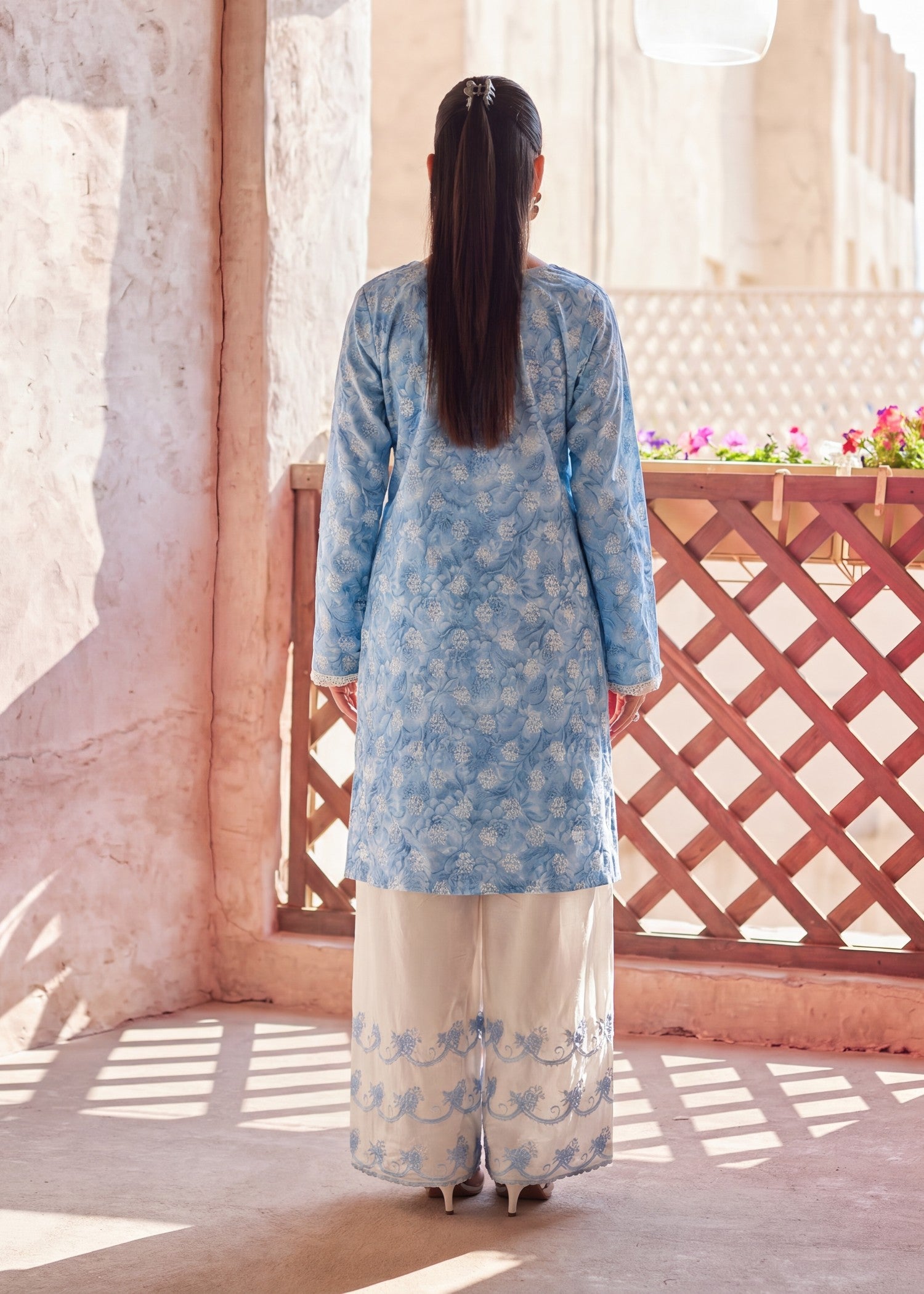 self jacquard Kurta Set in Sky blue