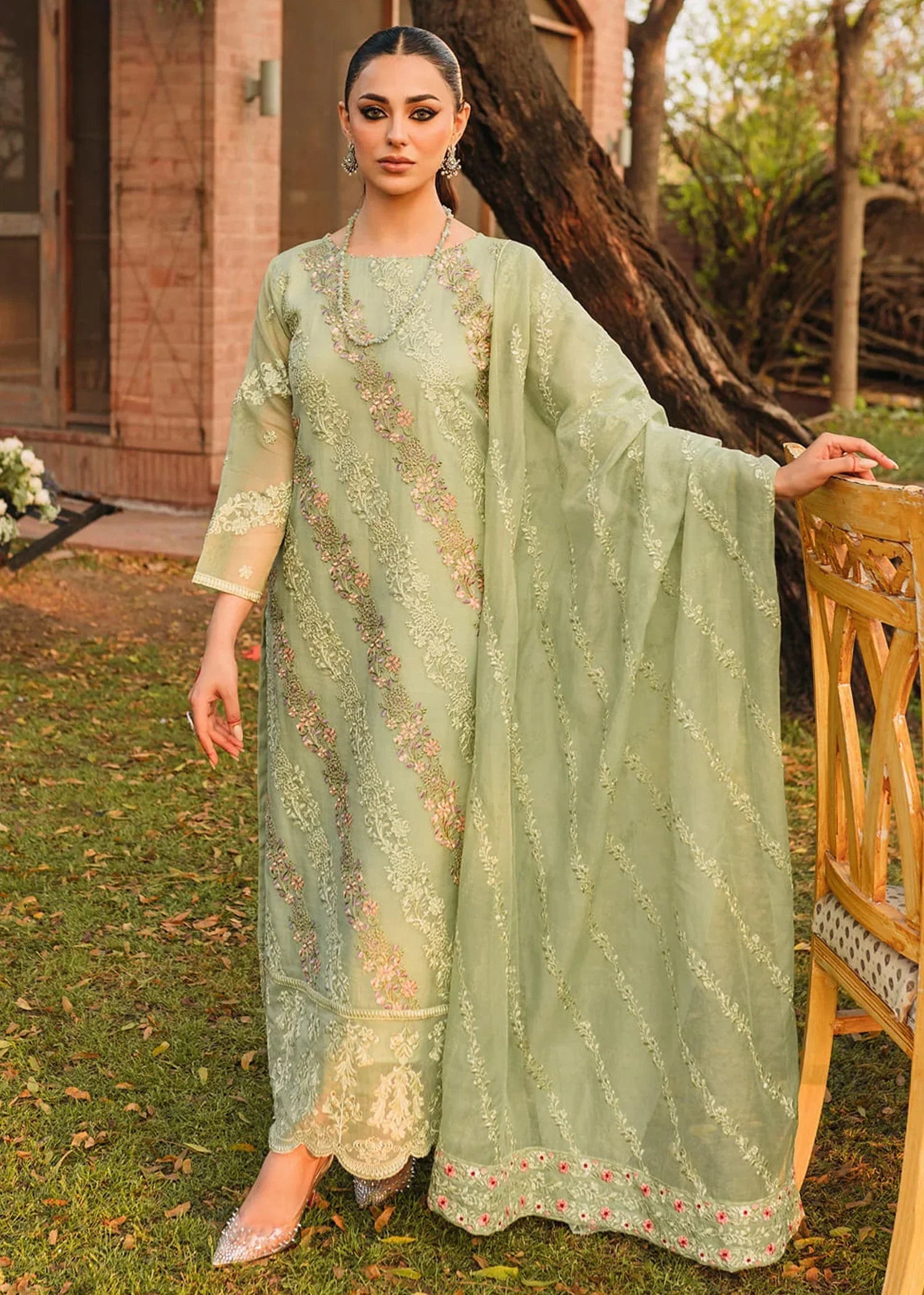 cotton net Kurta Set in Pistachio green