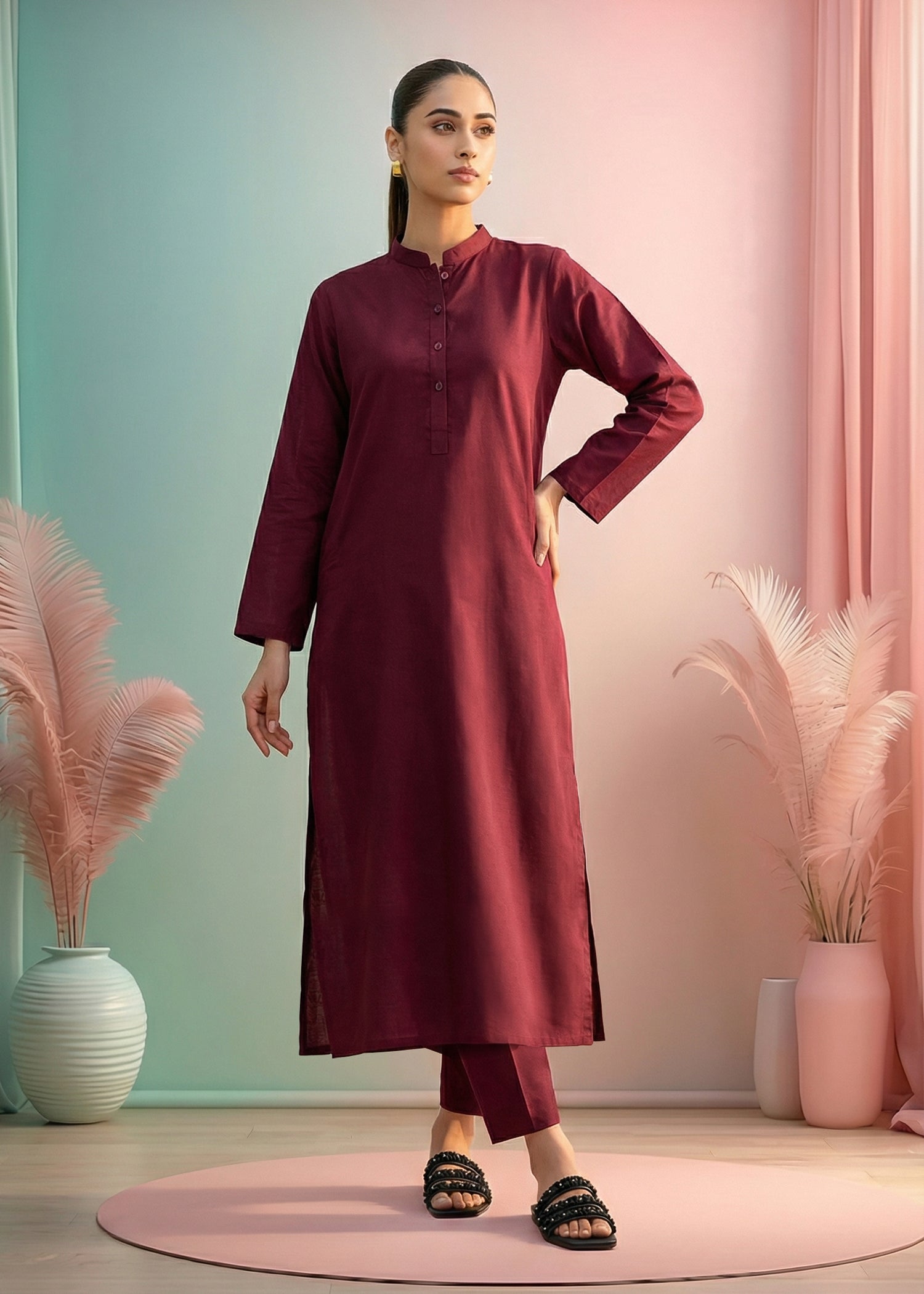 slub lawn Kurta Set in Red