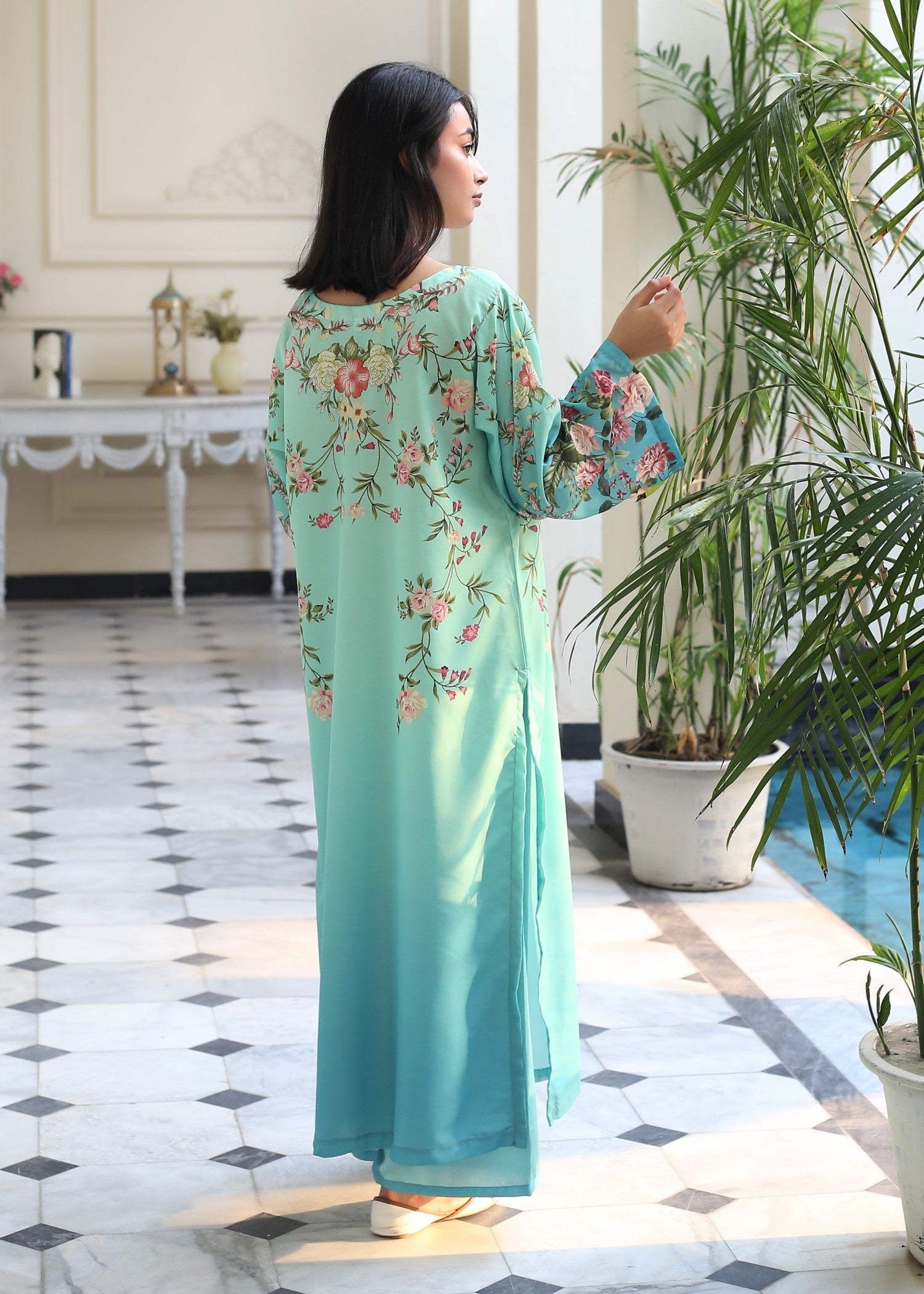 poly lawn Kurta Set in Aquamarine