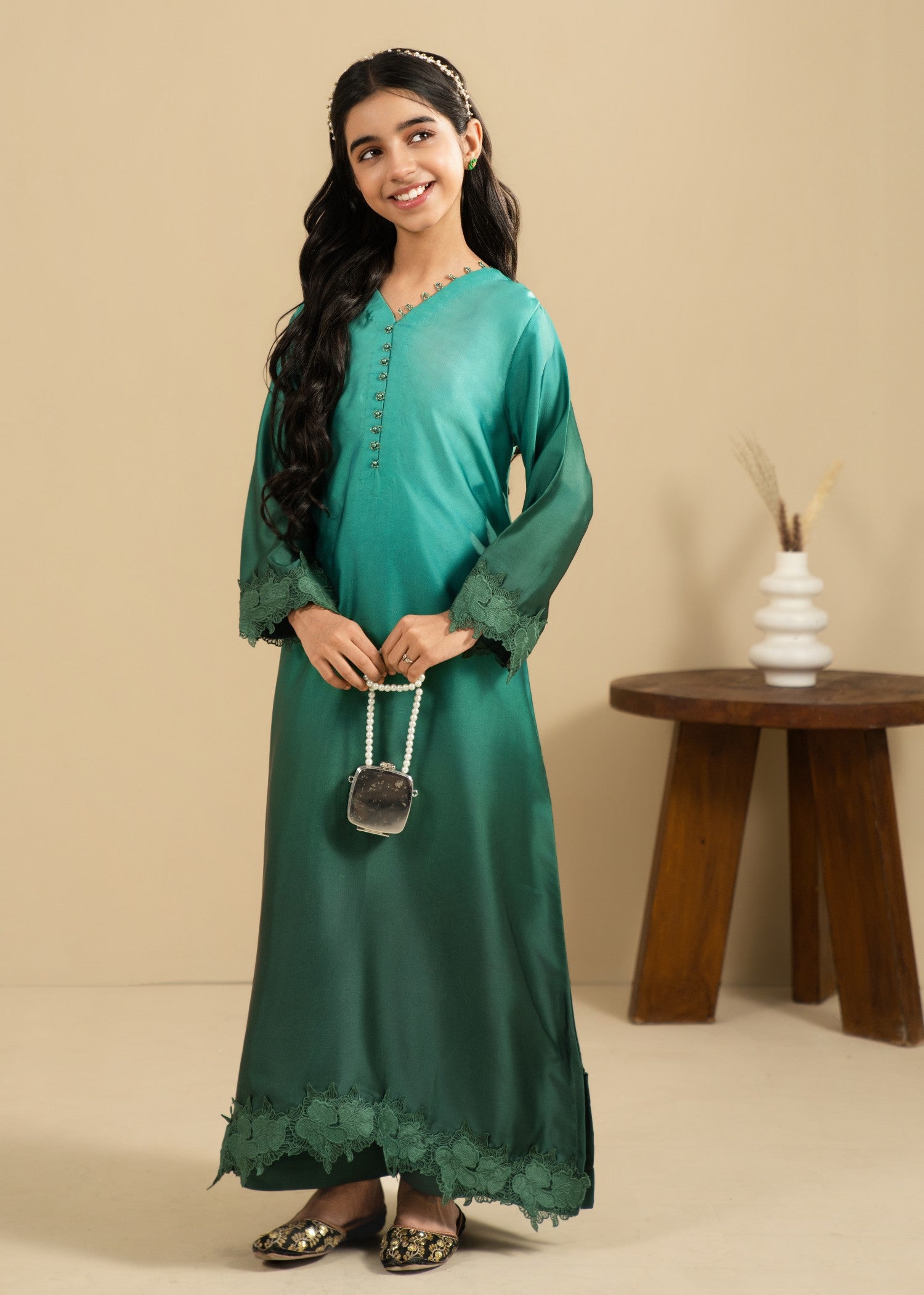 silk Kurta Set in Bottle green
