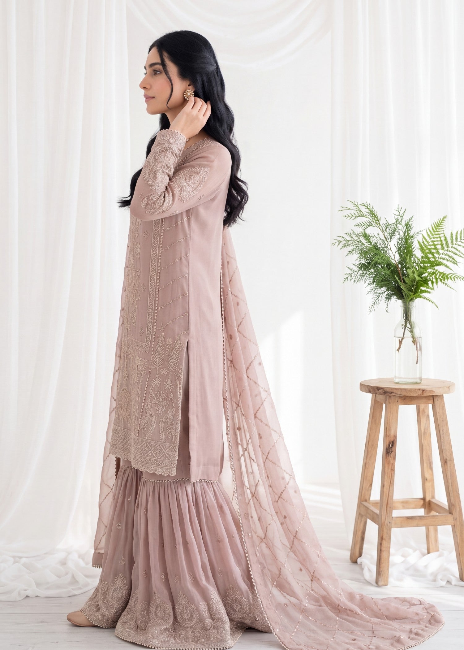 pk crinkle chiffon Gharara in Rose pink
