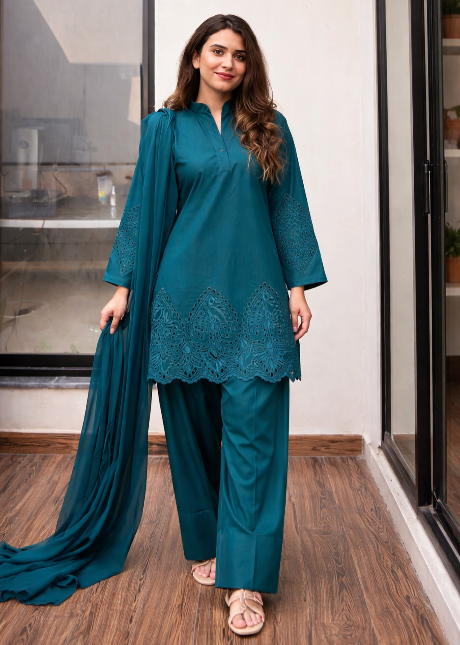lawn cotton Kurta Set in Teal