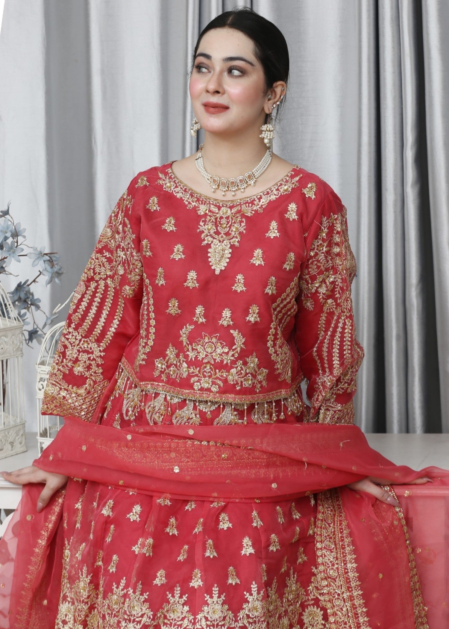 organza Lehenga in Spicy red