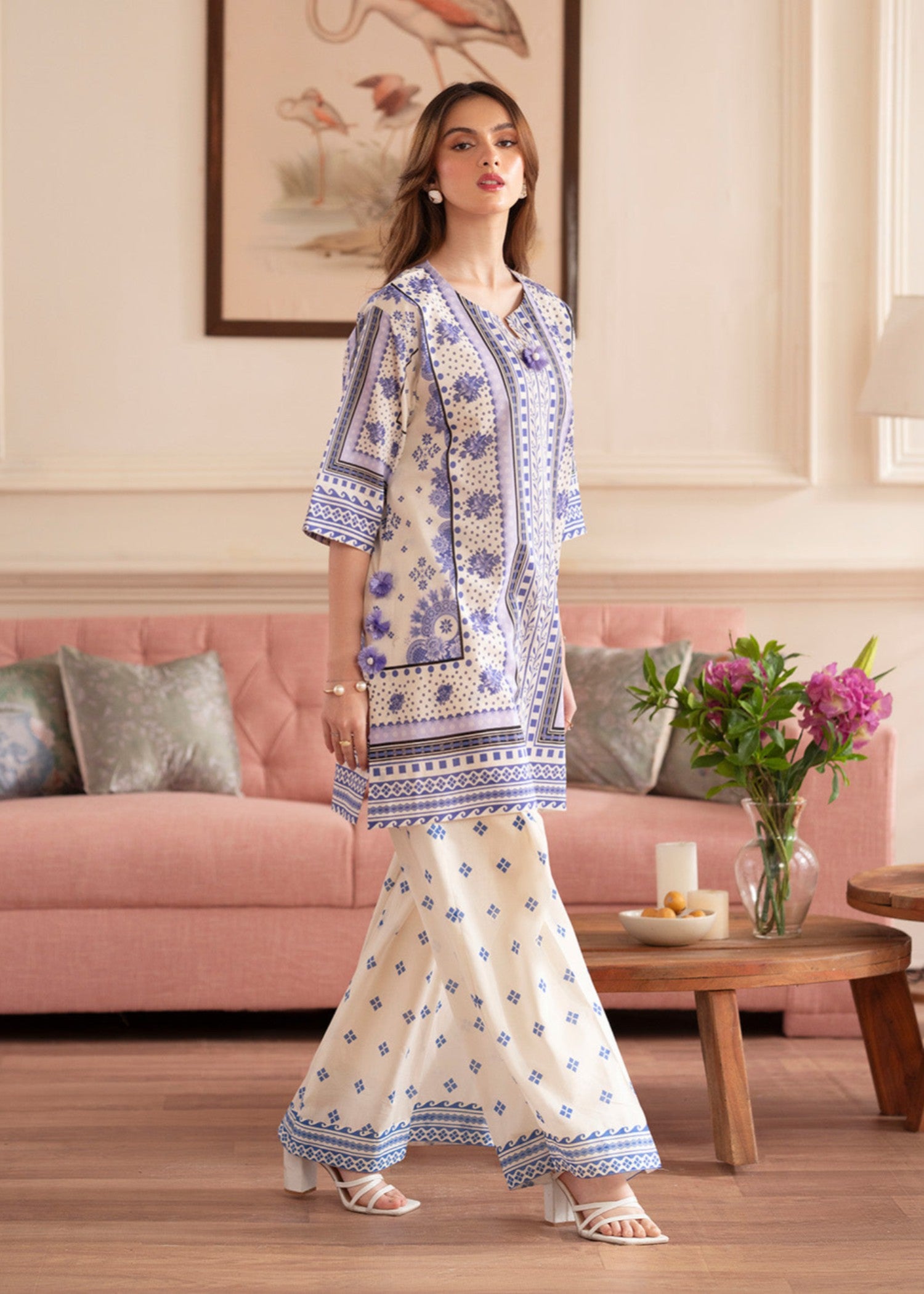 lawn Unstitched in Off-white, periwinkle