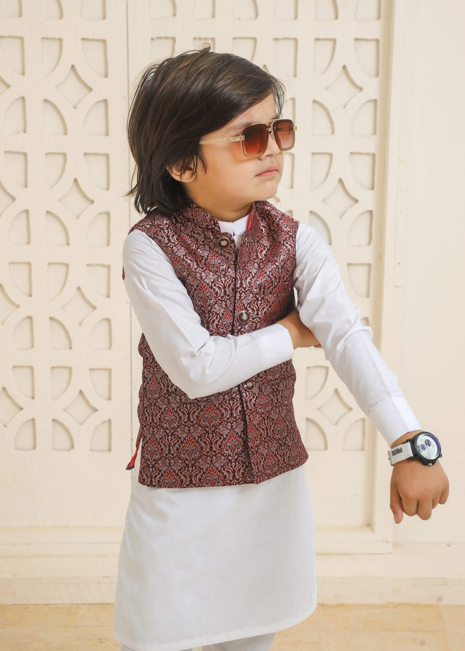 jamawar Waistcoat in Maroon