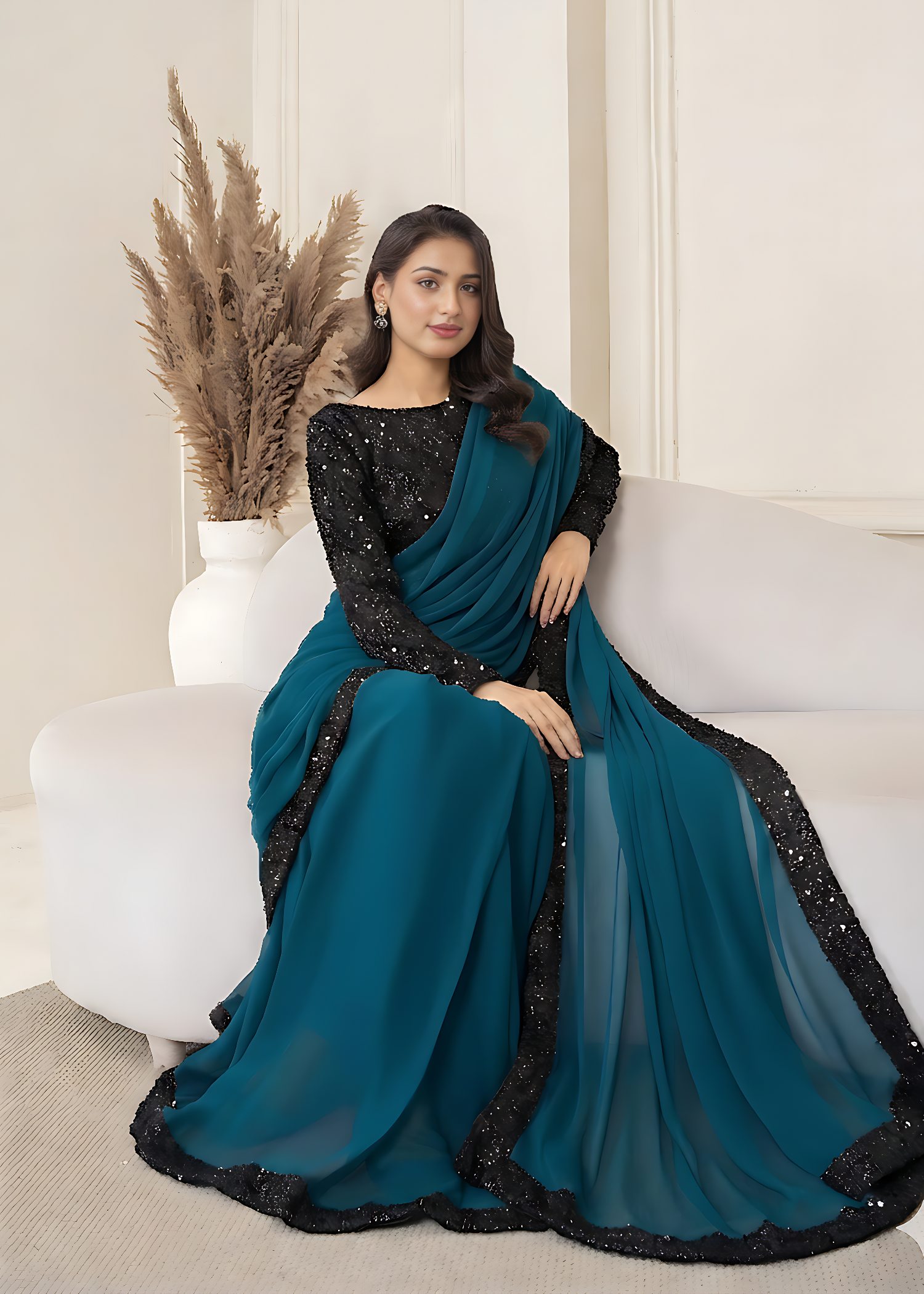 moonlight Saree in Teal, black