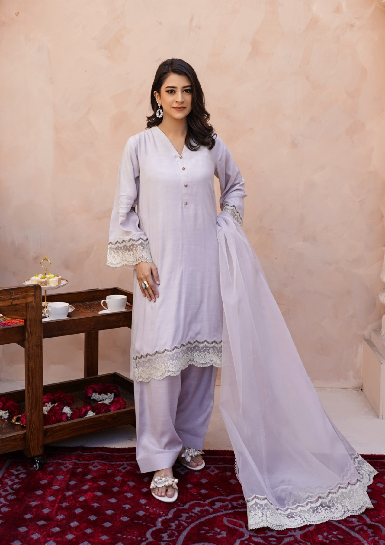 viscose raw silk Kurta Set in Lavender