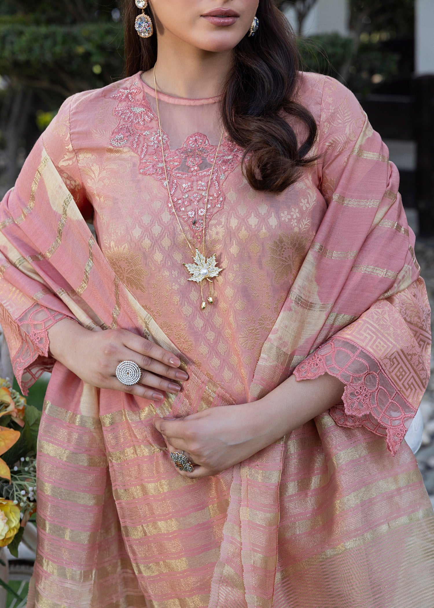 jacquard Kurta Set in Coral orange