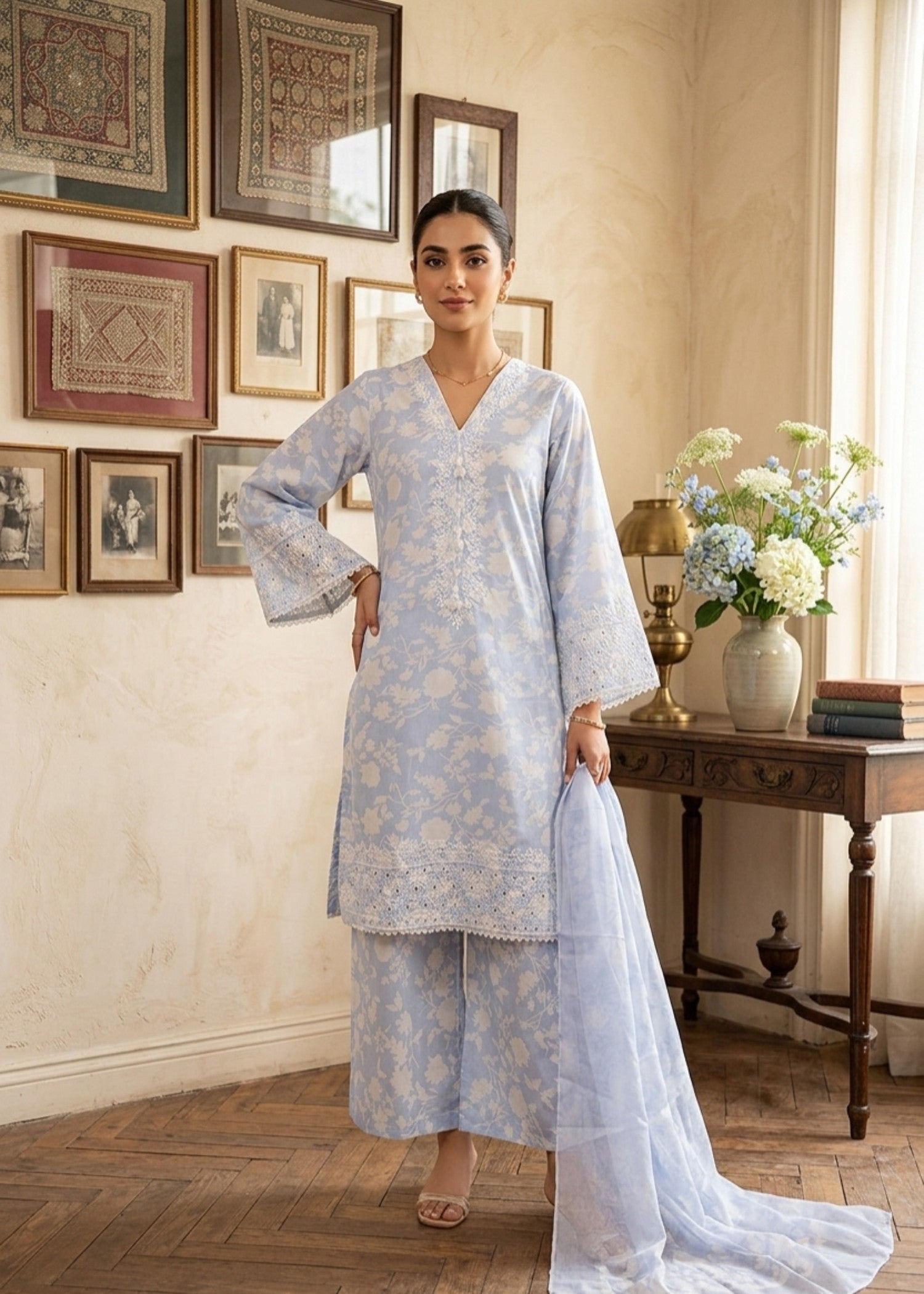 poly lawn Kurta Set in Baby blue