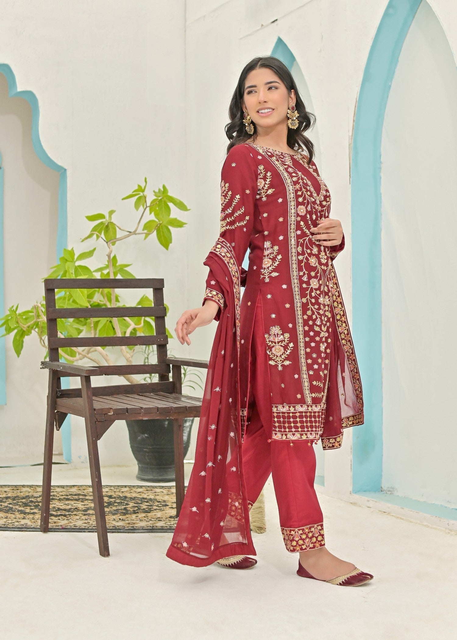 crinkle chiffon Kurta Set in Maroon