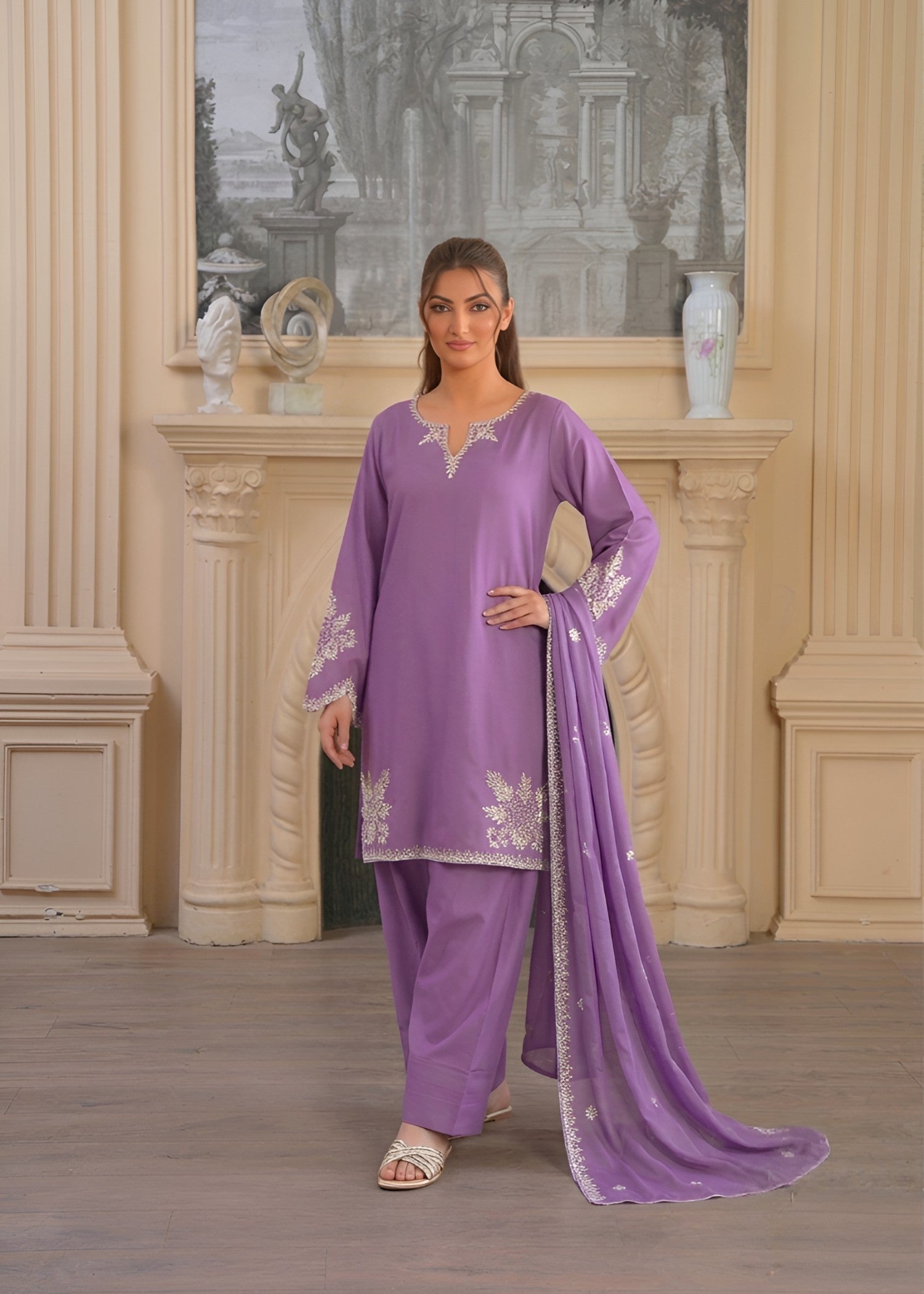 cambric Kurta Set in Purple ash