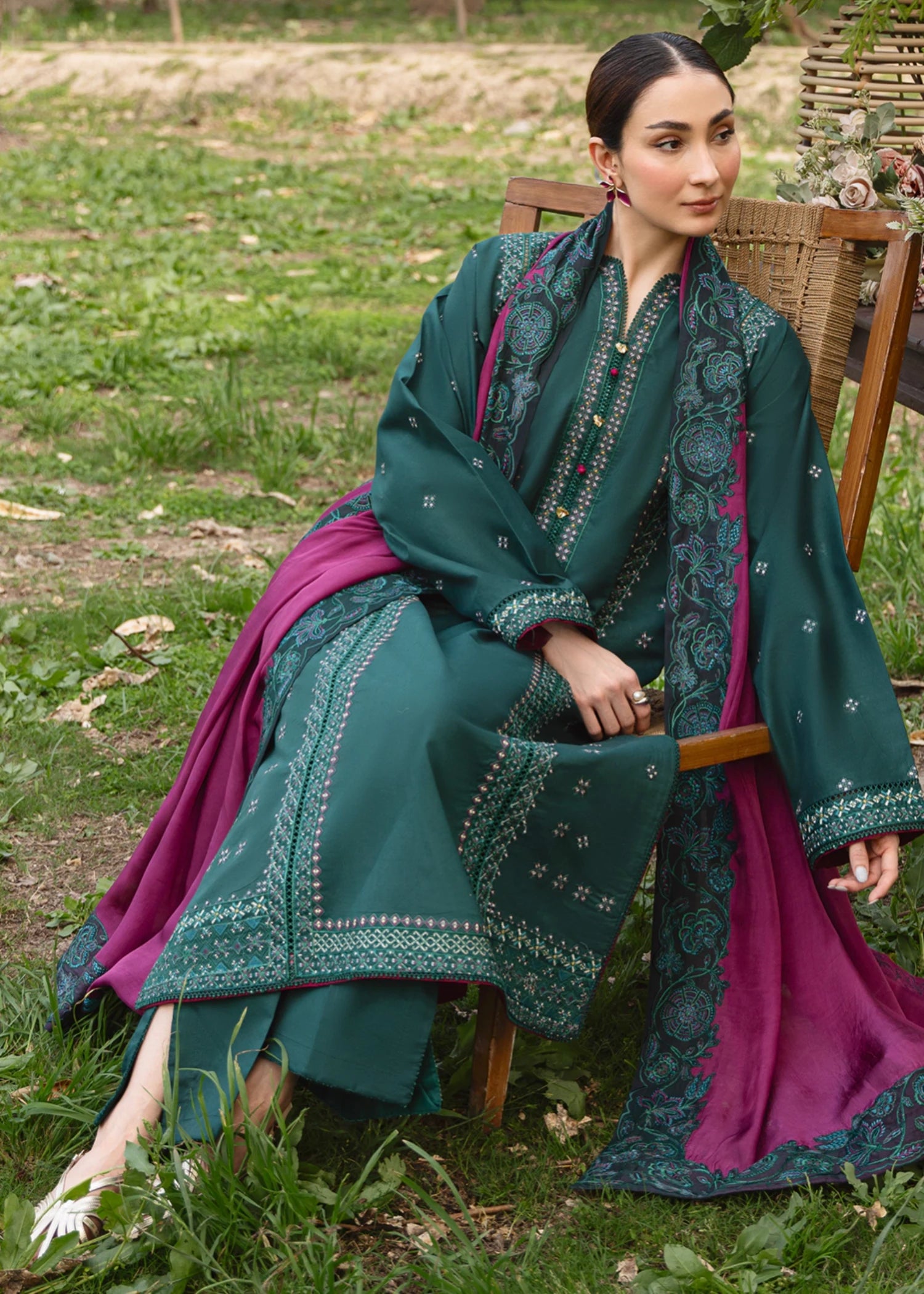 cambric Kurta Set in Forest green