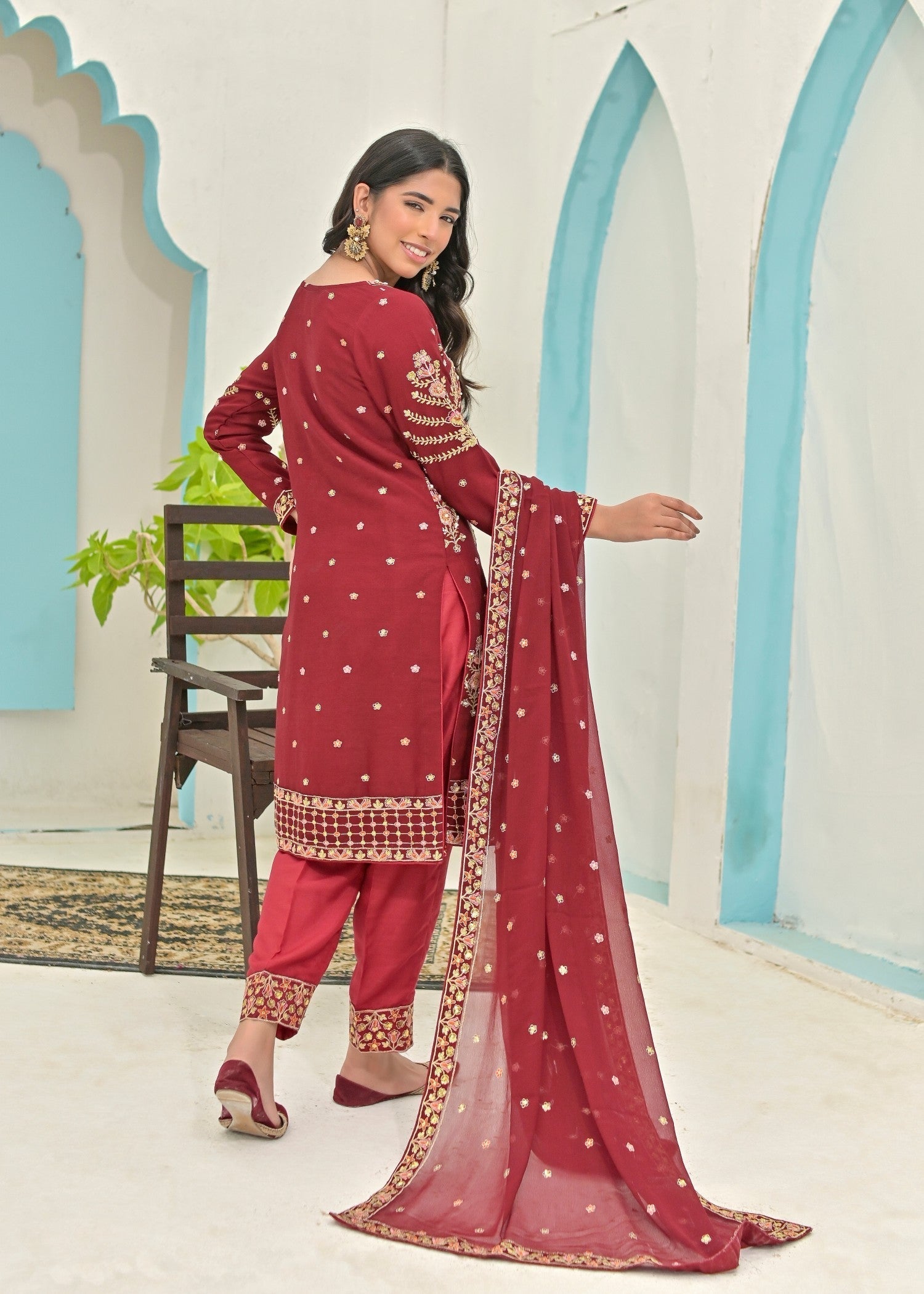 crinkle chiffon Kurta Set in Maroon