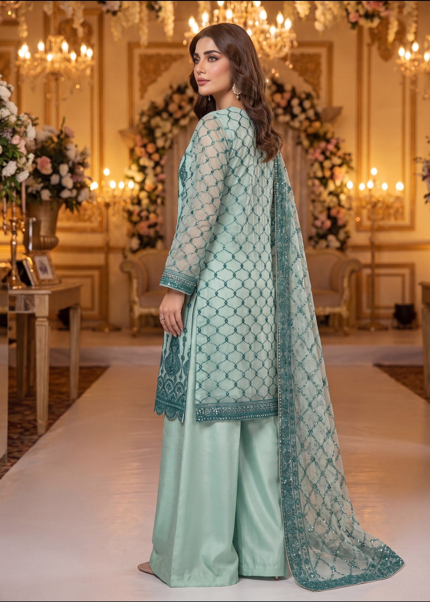 khaddi net Unstitched in Mint green