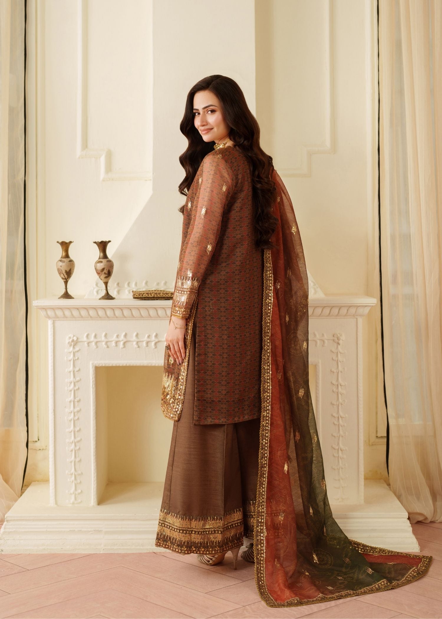 net Kurta Set in Brown