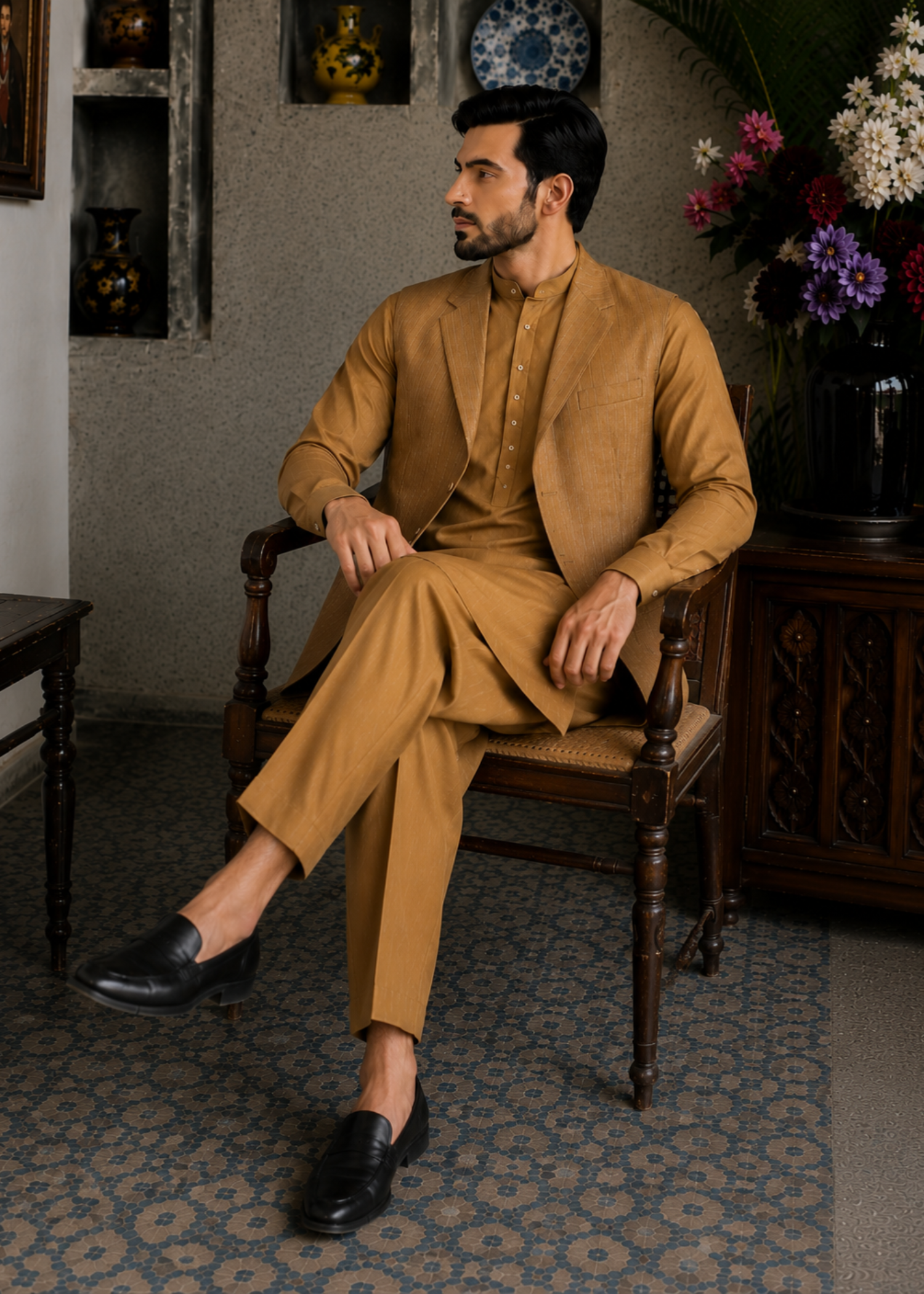 textured wash & wear Waistcoat in Golden brown