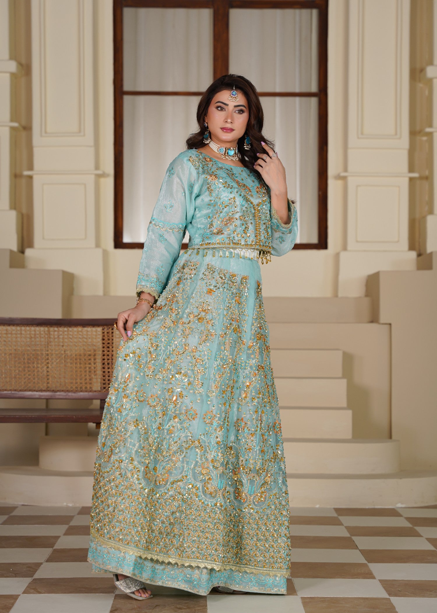organza Lehenga in Turquoise, gold