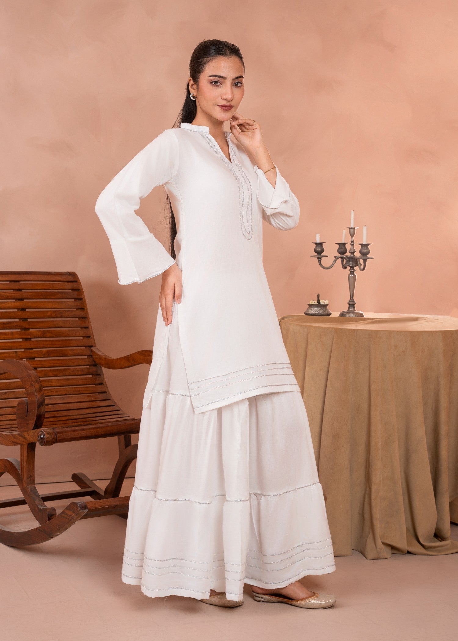 linen Lehenga in White