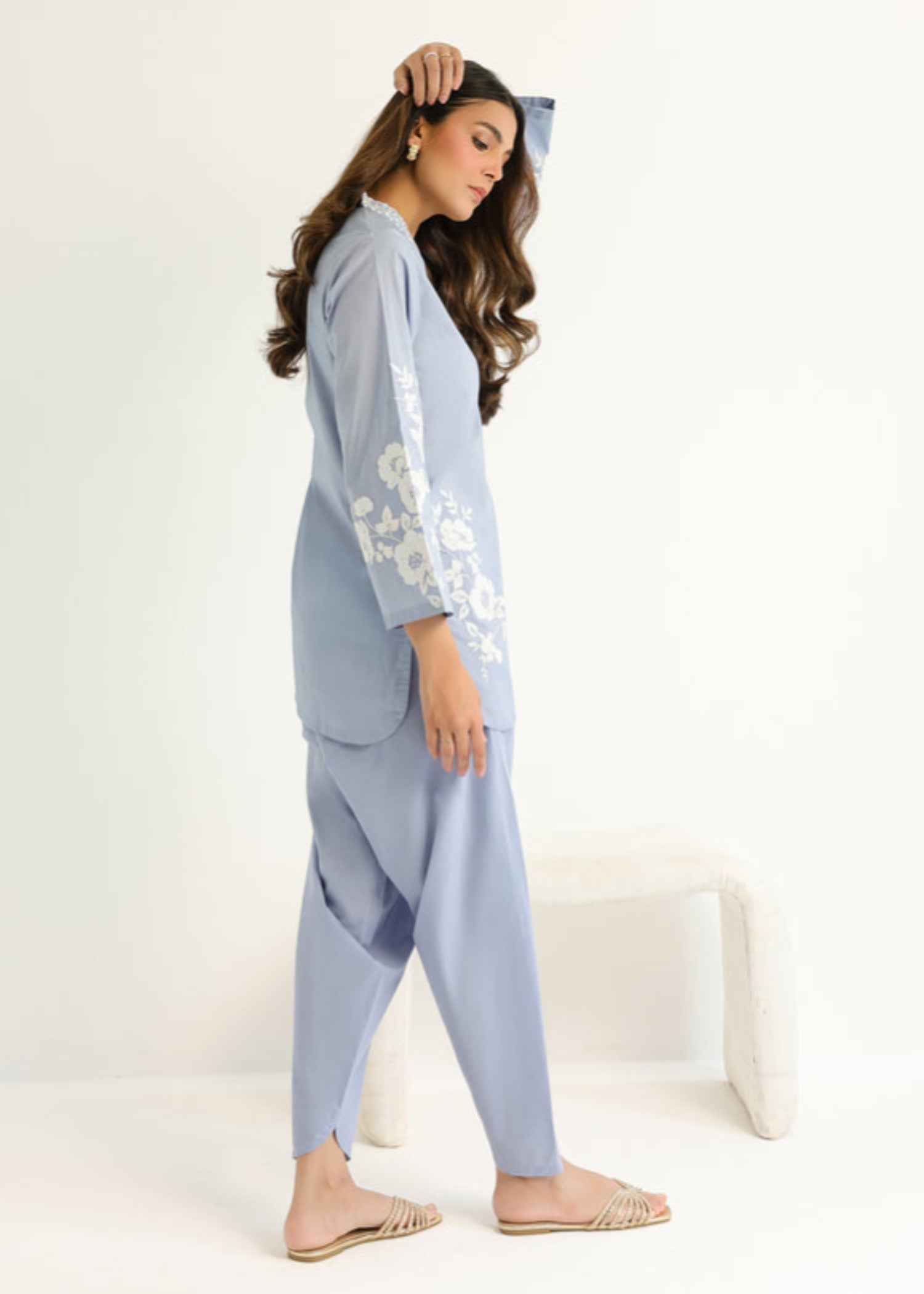cambric Kurta Set in Light blue