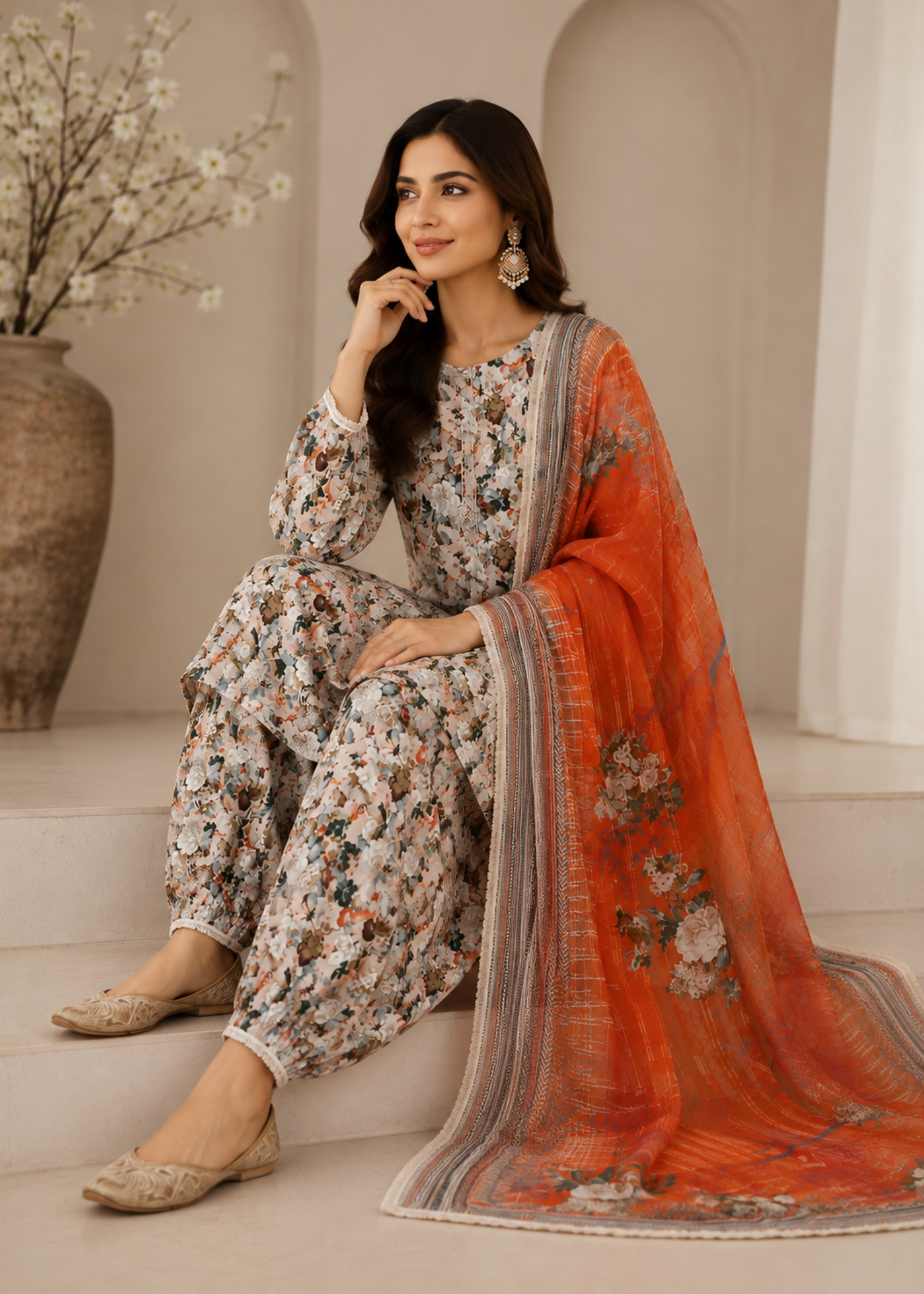 swiss lawn Unstitched in Beige, orange