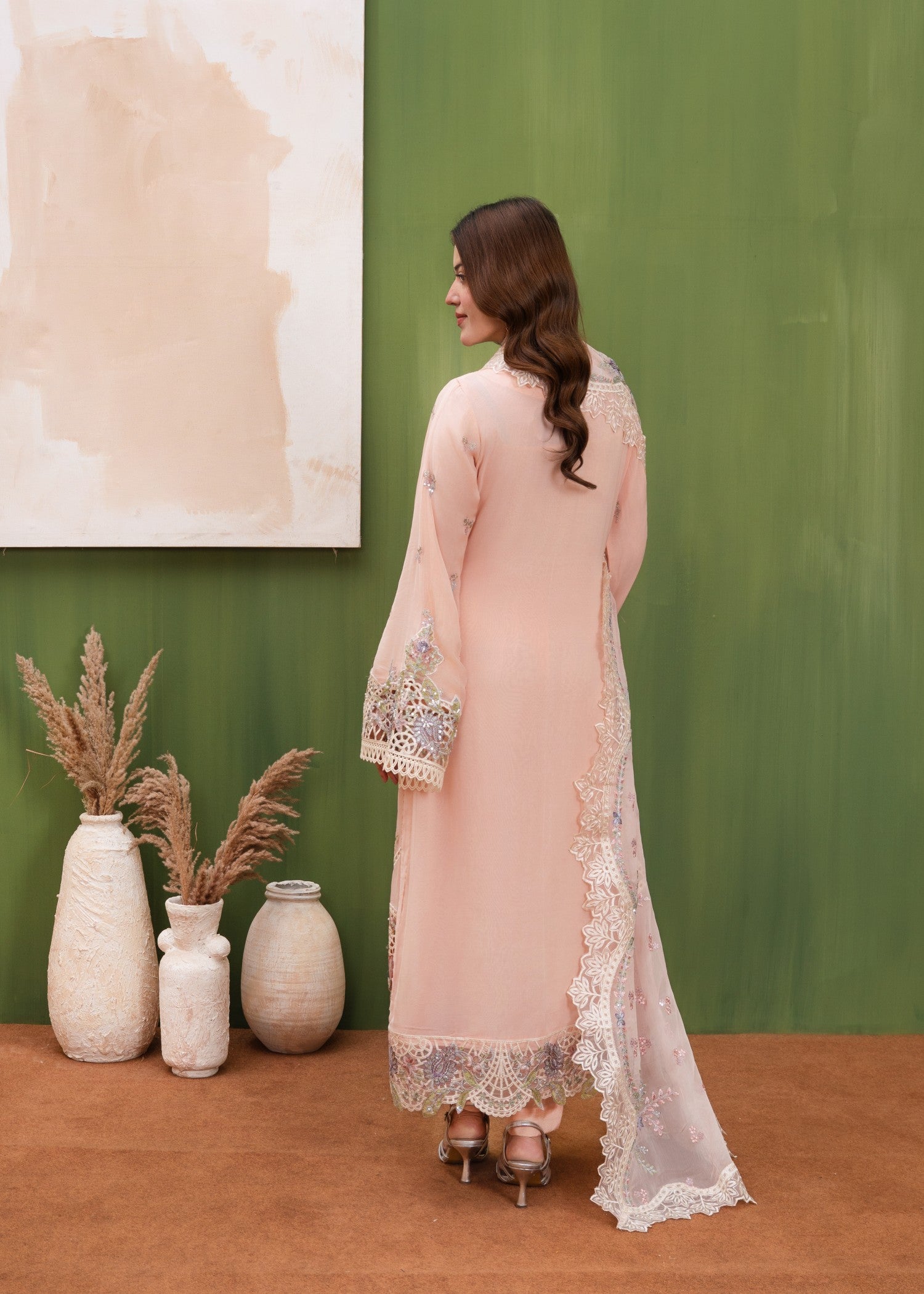 crinkle chiffon Kurta Set in Peach pink